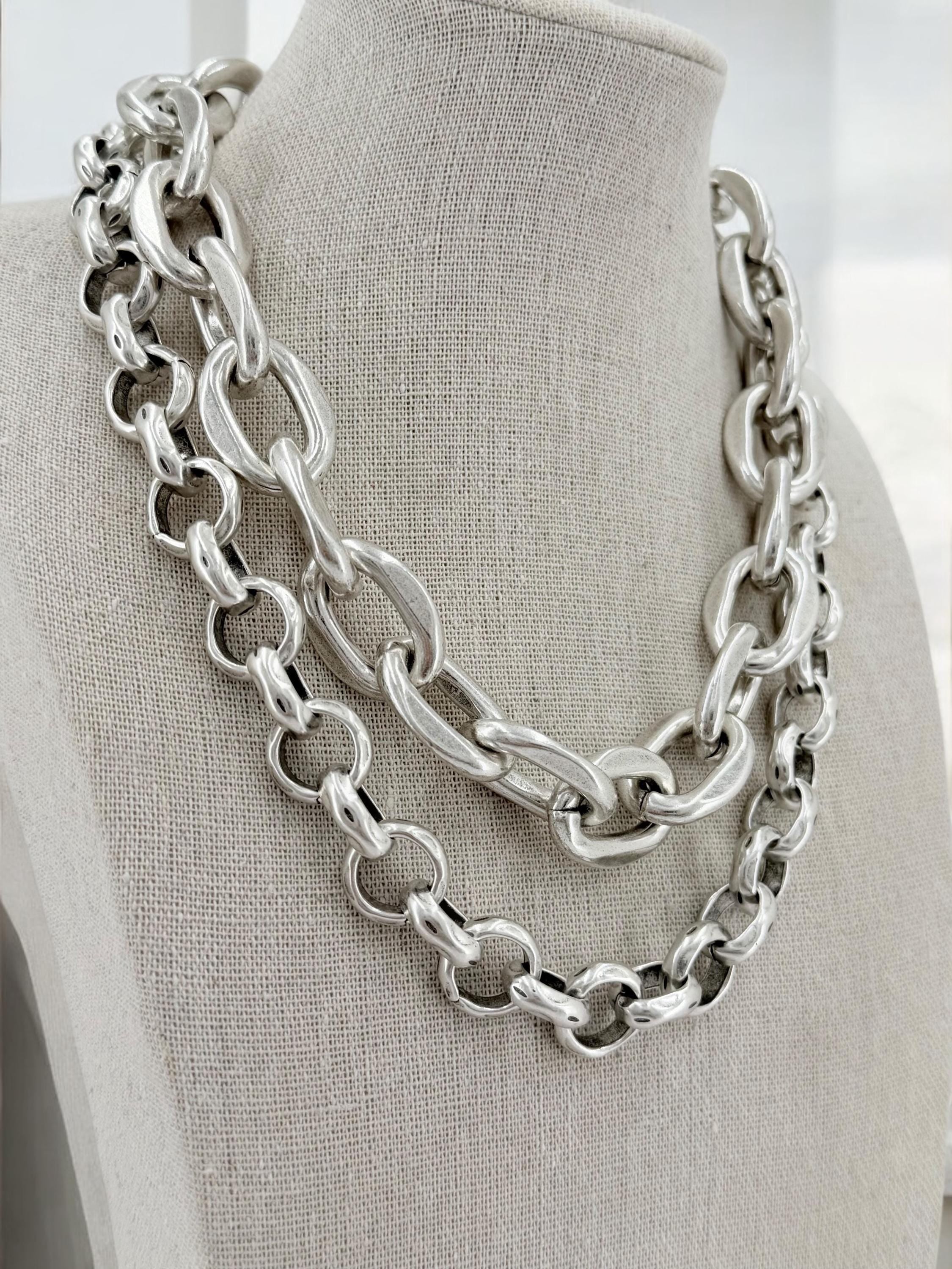 Bold Layered silver Chain chunky Necklace – Chunky Double Strand Statement Design with Sculptural Volume - heavyweight layering necklace