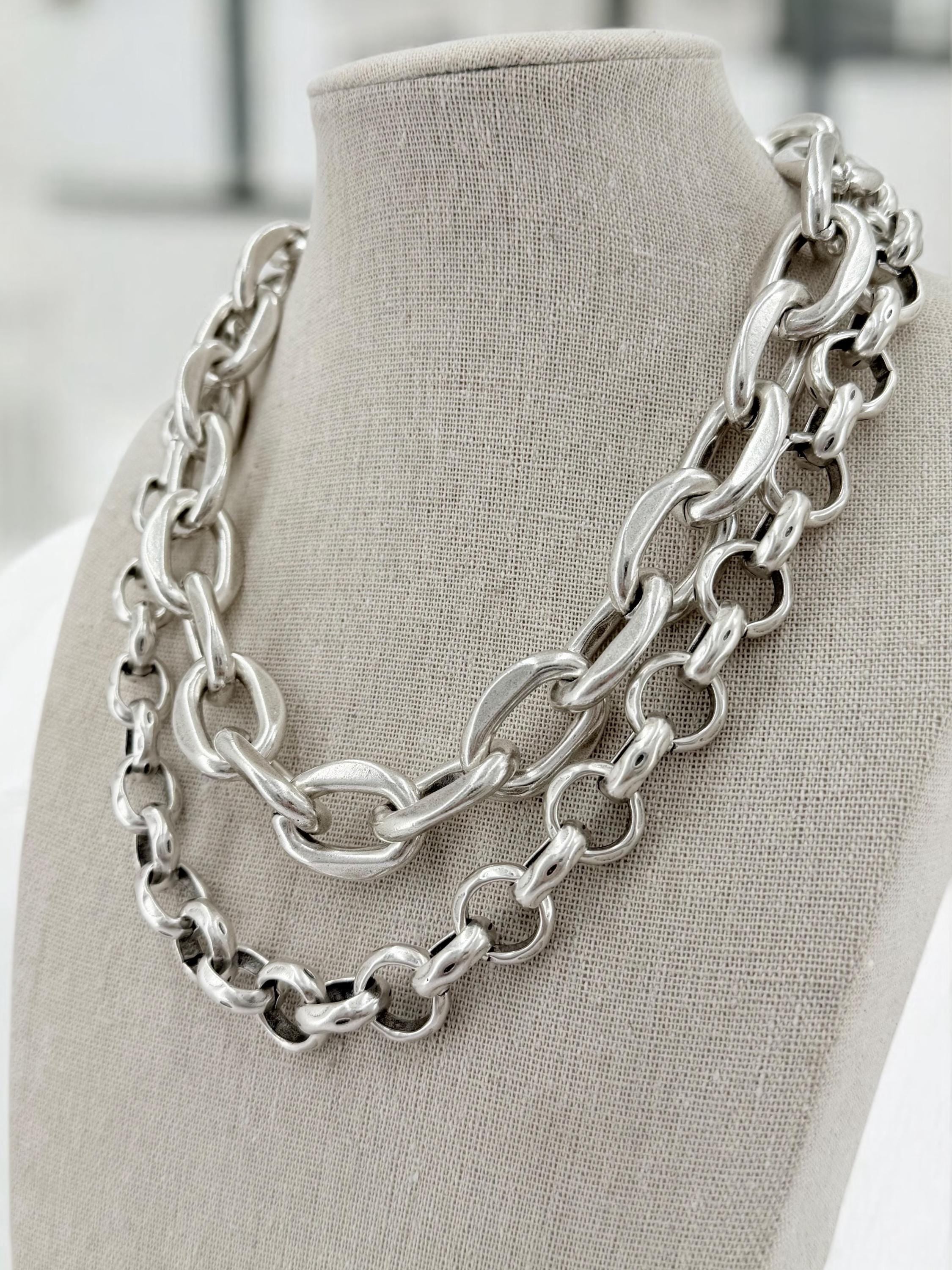 Bold Layered silver Chain chunky Necklace – Chunky Double Strand Statement Design with Sculptural Volume - heavyweight layering necklace