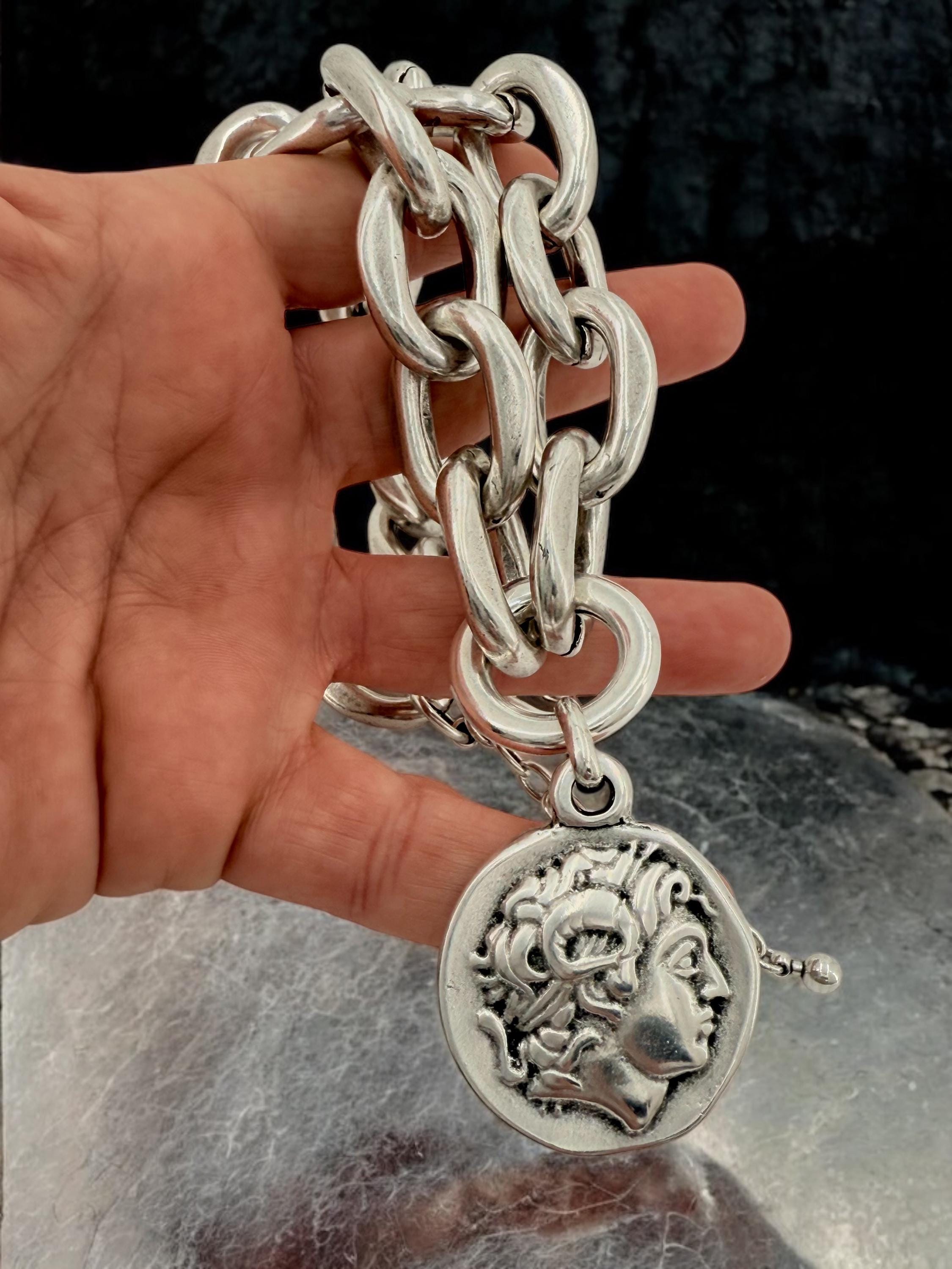 Chunky Lightweight Silver Chain Necklace – Bold Coin Pendant Design – Handmade Statement Jewelry for Women, bold big link chain necklace