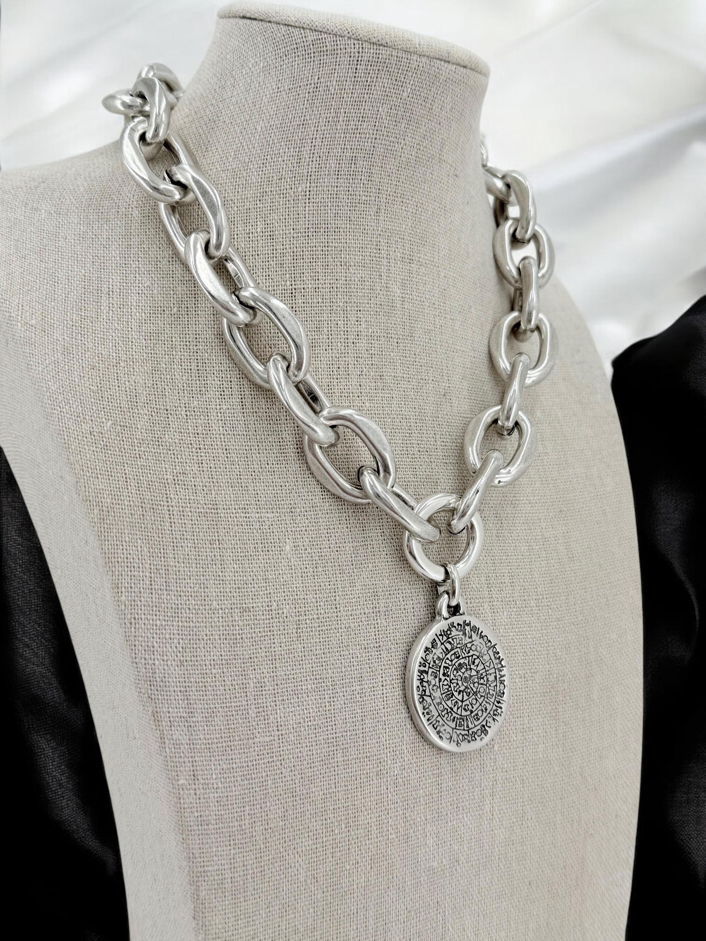 Chunky Coin Pendant Necklace – Esoteric Symbol Disc on Lightweight Silver bold Chain – Mystical Statement Jewelry