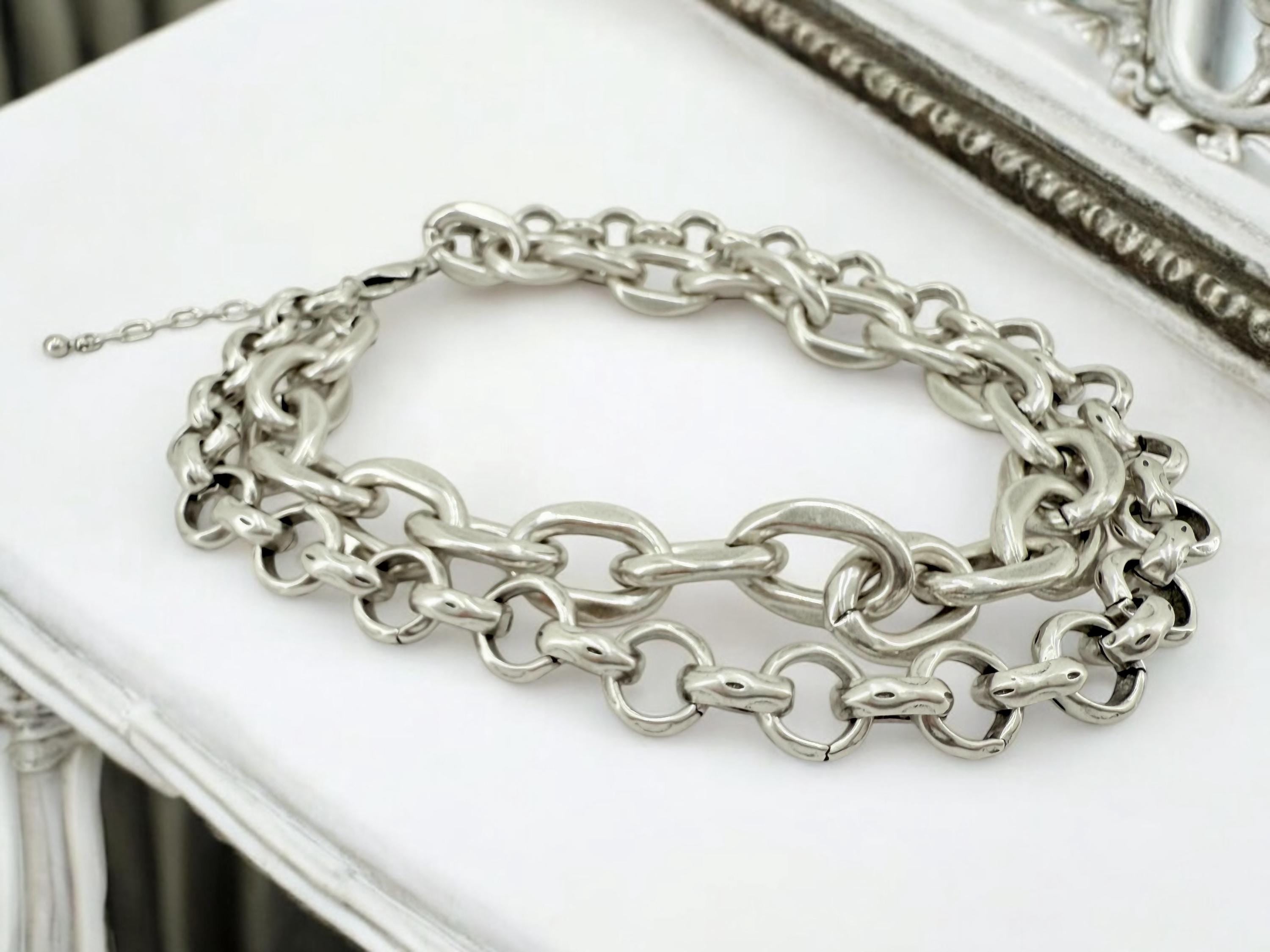 Bold Layered silver Chain chunky Necklace – Chunky Double Strand Statement Design with Sculptural Volume - heavyweight layering necklace