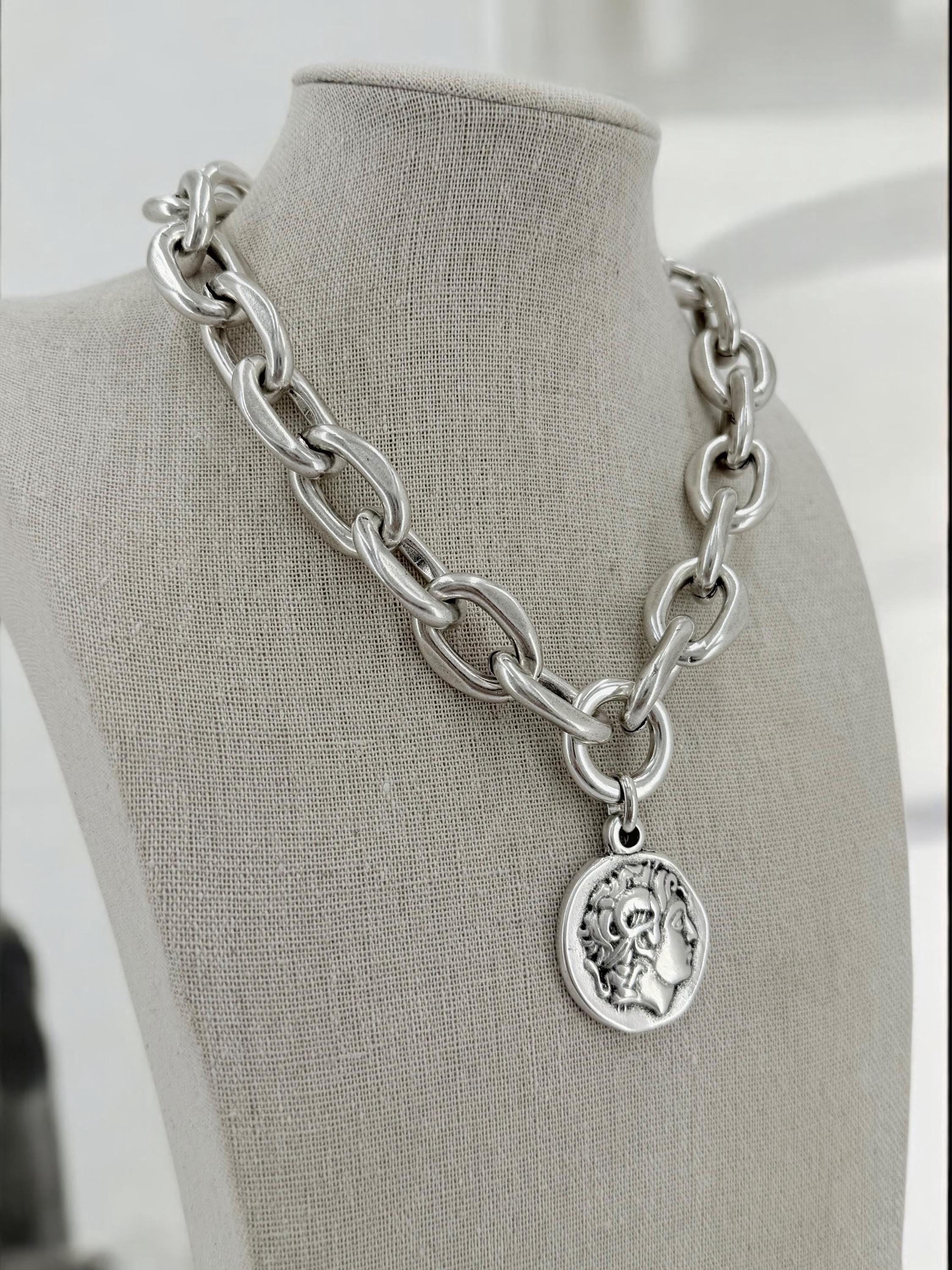 Chunky Lightweight Silver Chain Necklace – Bold Coin Pendant Design – Handmade Statement Jewelry for Women, bold big link chain necklace