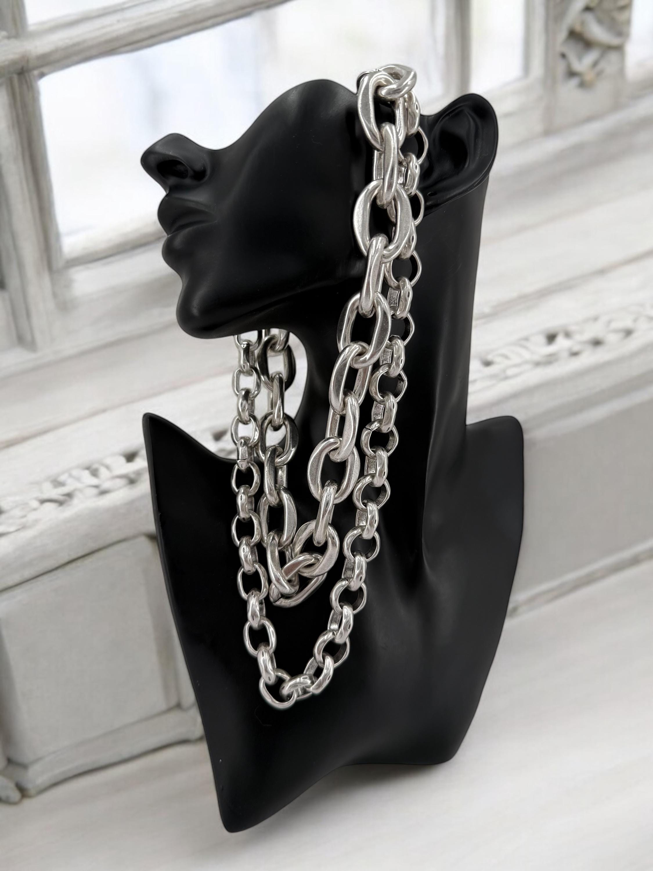 Bold Layered silver Chain chunky Necklace – Chunky Double Strand Statement Design with Sculptural Volume - heavyweight layering necklace