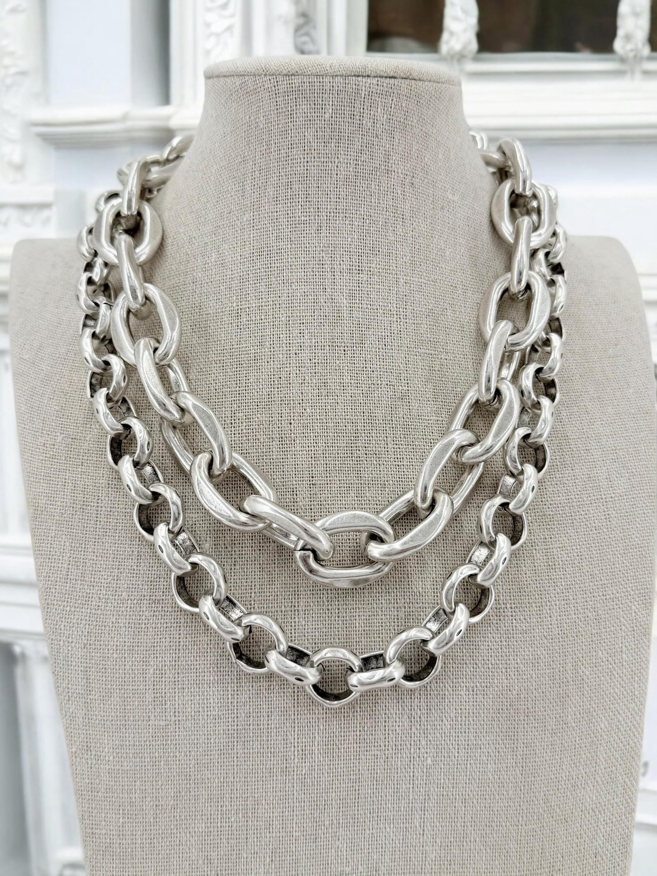 Bold Layered silver Chain chunky Necklace – Chunky Double Strand Statement Design with Sculptural Volume - heavyweight layering necklace