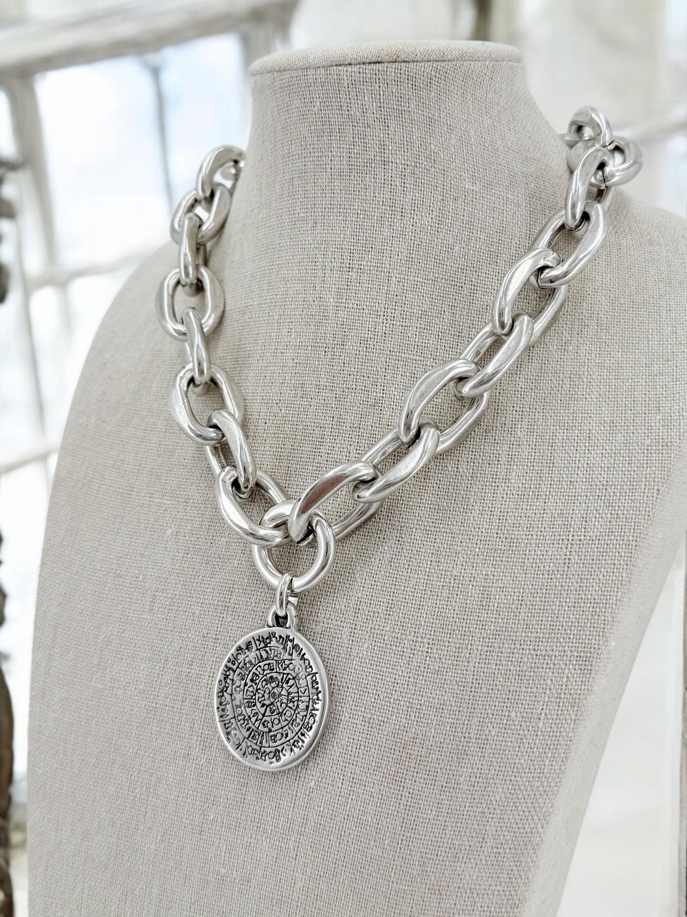 Chunky Coin Pendant Necklace – Esoteric Symbol Disc on Lightweight Silver bold Chain – Mystical Statement Jewelry