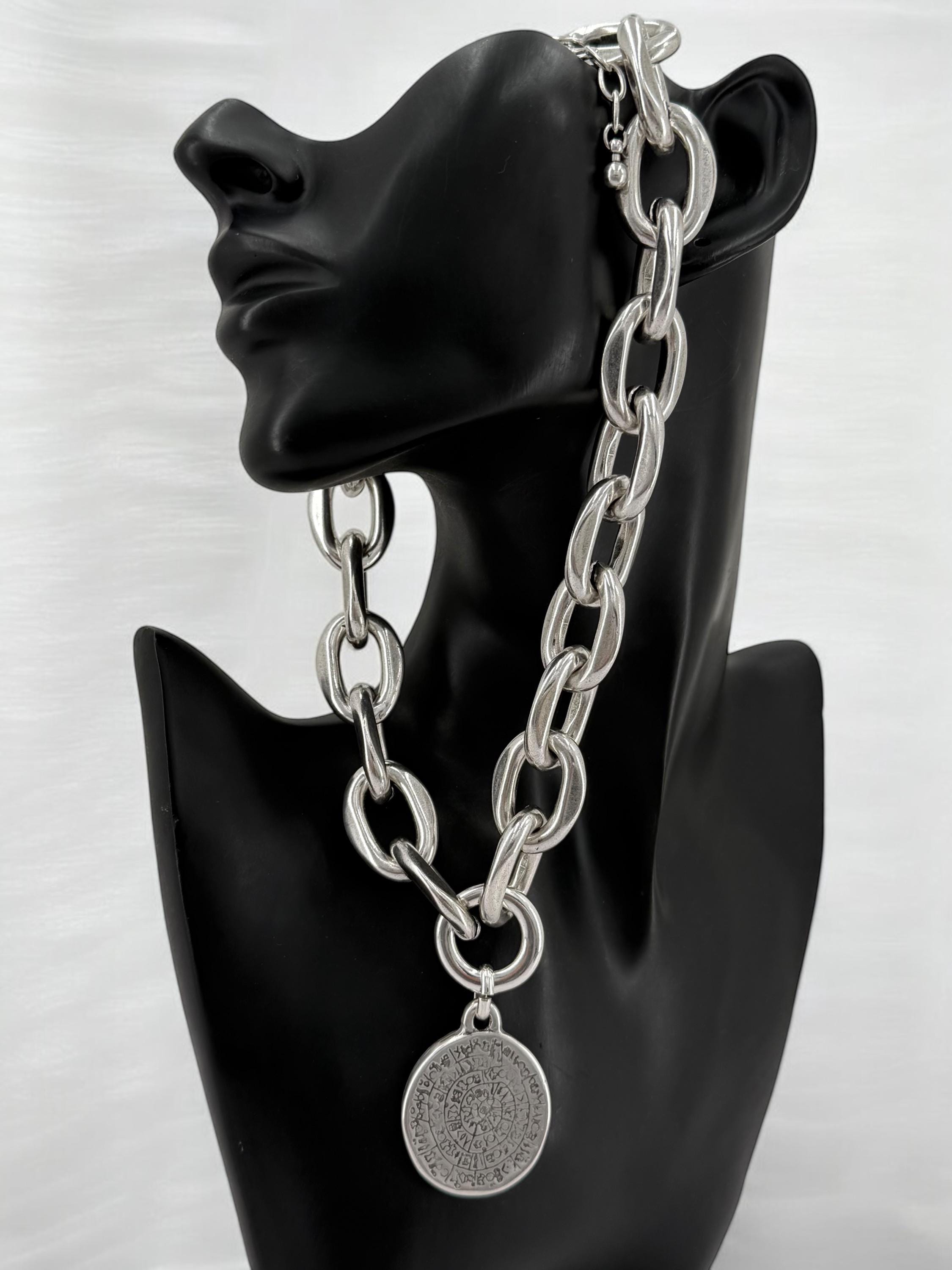 Chunky Coin Pendant Necklace – Esoteric Symbol Disc on Lightweight Silver bold Chain – Mystical Statement Jewelry