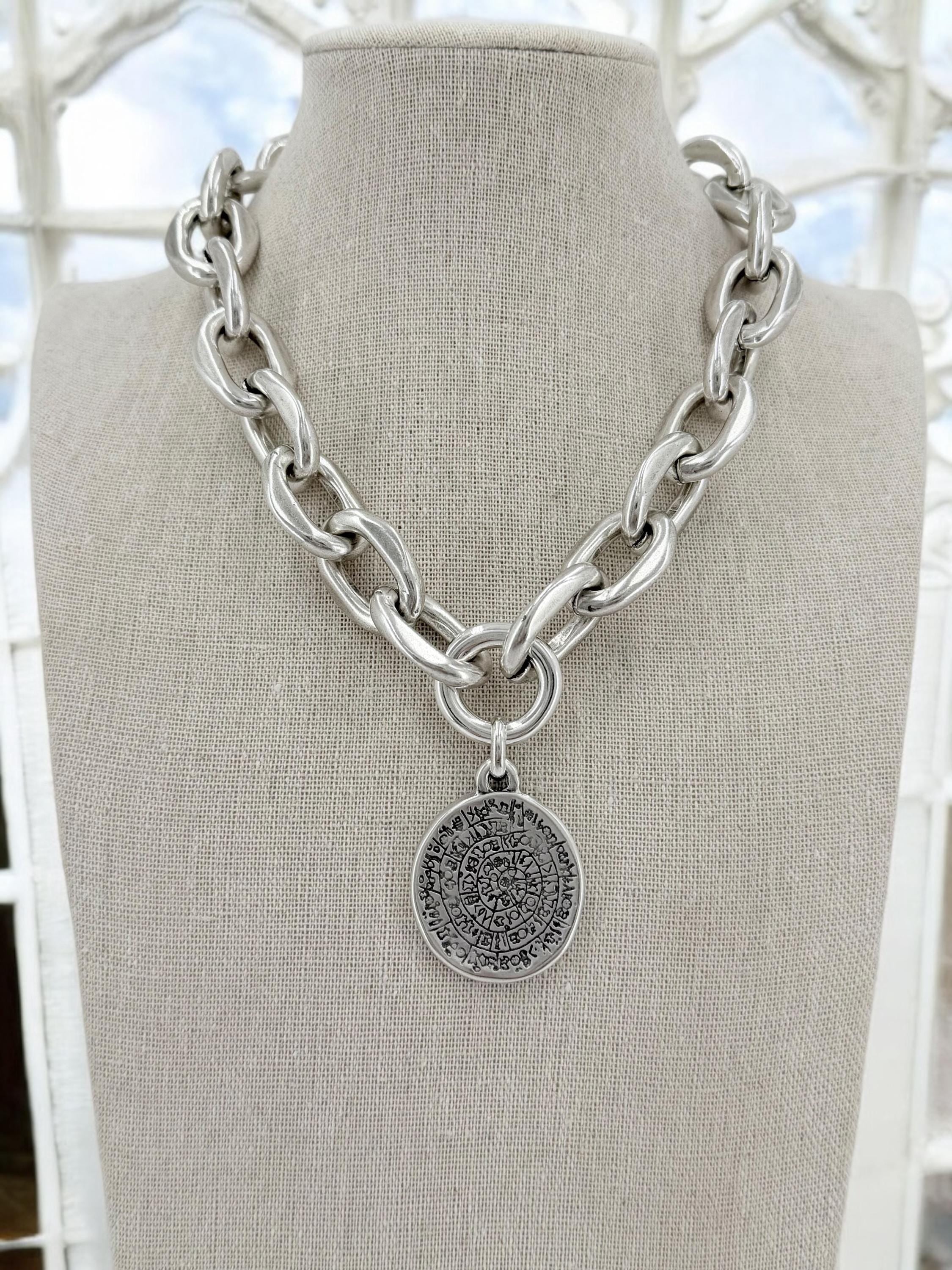 Chunky Coin Pendant Necklace – Esoteric Symbol Disc on Lightweight Silver bold Chain – Mystical Statement Jewelry