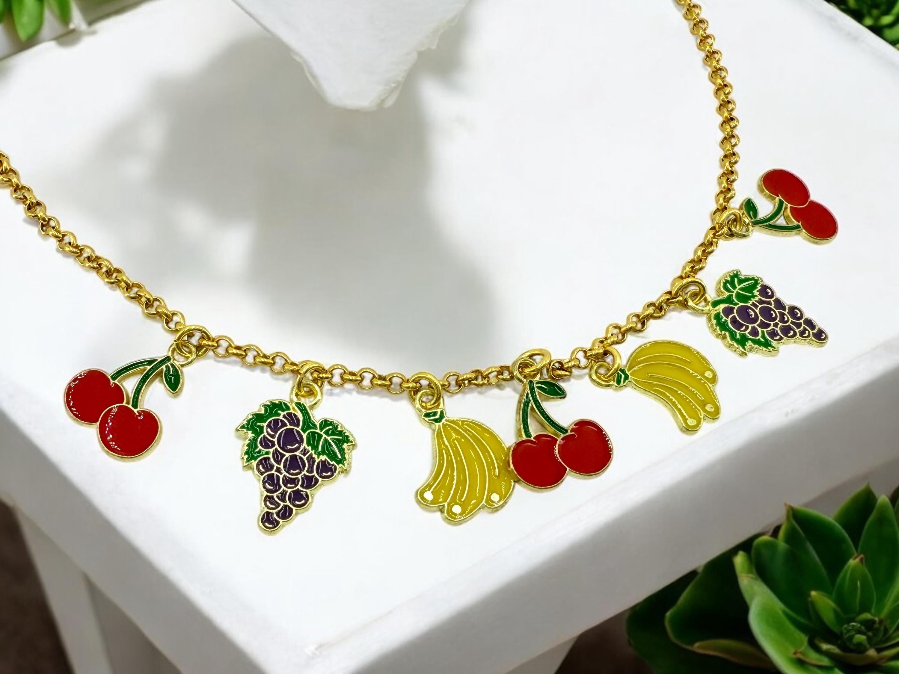Gold Fruit Charm Necklace – 24k Plated Enamel Charms – Handmade Boho Jewelry – Adjustable Length – Unique Gift, summer necklace