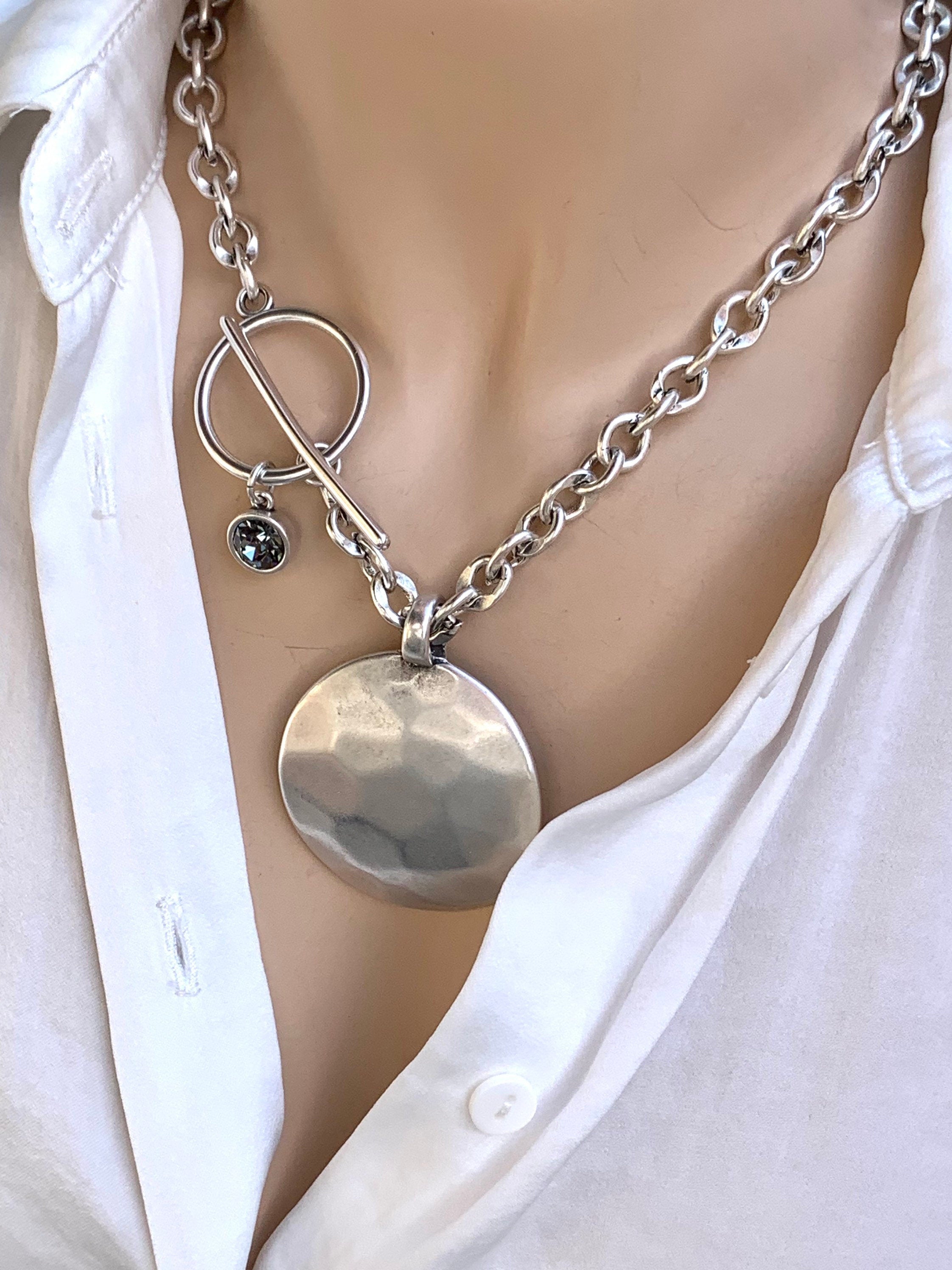 Chunky Hammered Disc pendant Necklace – Bold Silver Chain with Toggle Clasp & Swarovski Charm – Sculptural Statement Jewelry, gift for her