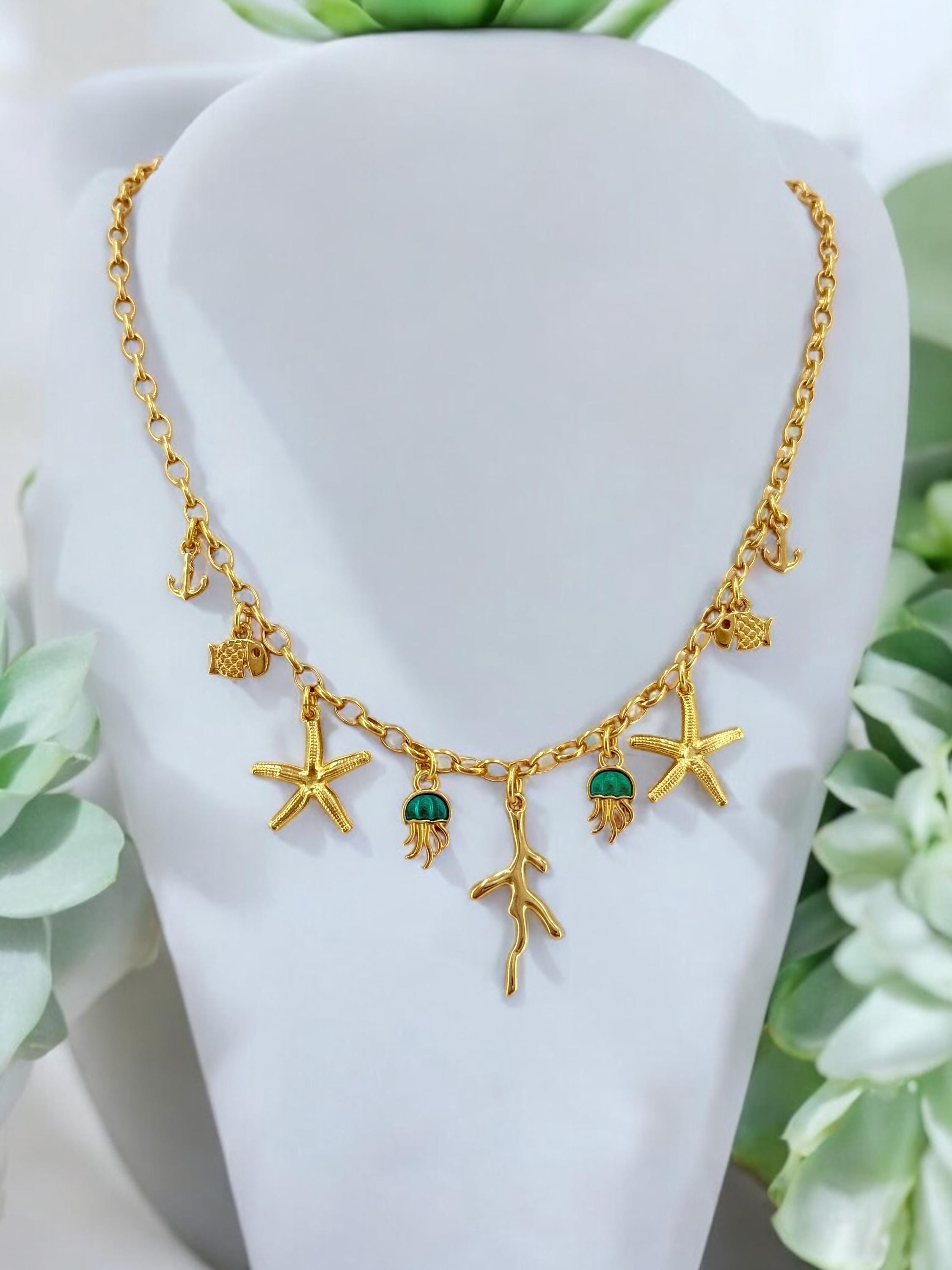 Gold Multi-Charms Summer Necklace – Bohemian Sea Elements Pendant – Handmade in 24K Gold-Plated Zamak – Adjustable Length with Extender –