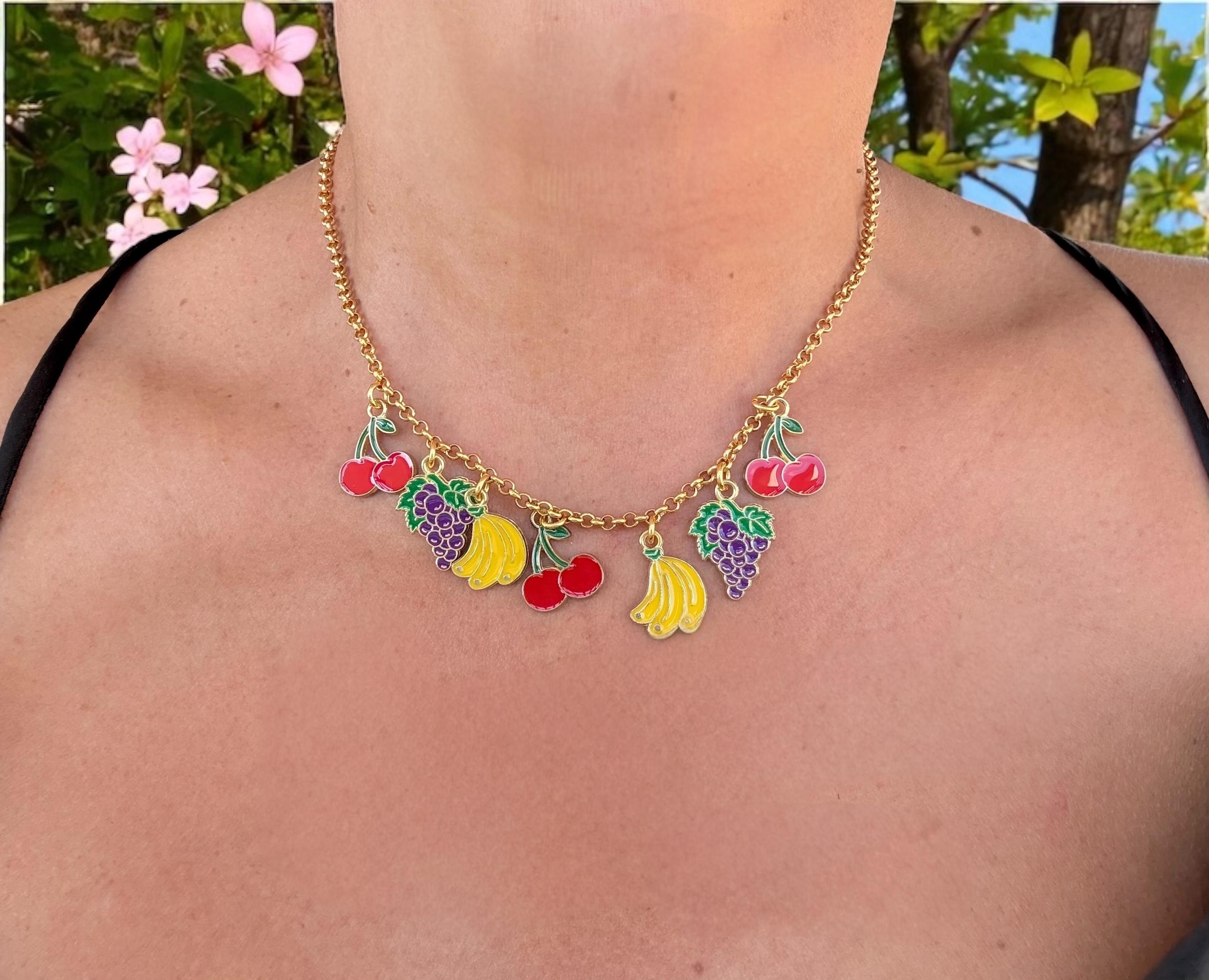 Gold Fruit Charm Necklace – 24k Plated Enamel Charms – Handmade Boho Jewelry – Adjustable Length – Unique Gift, summer necklace