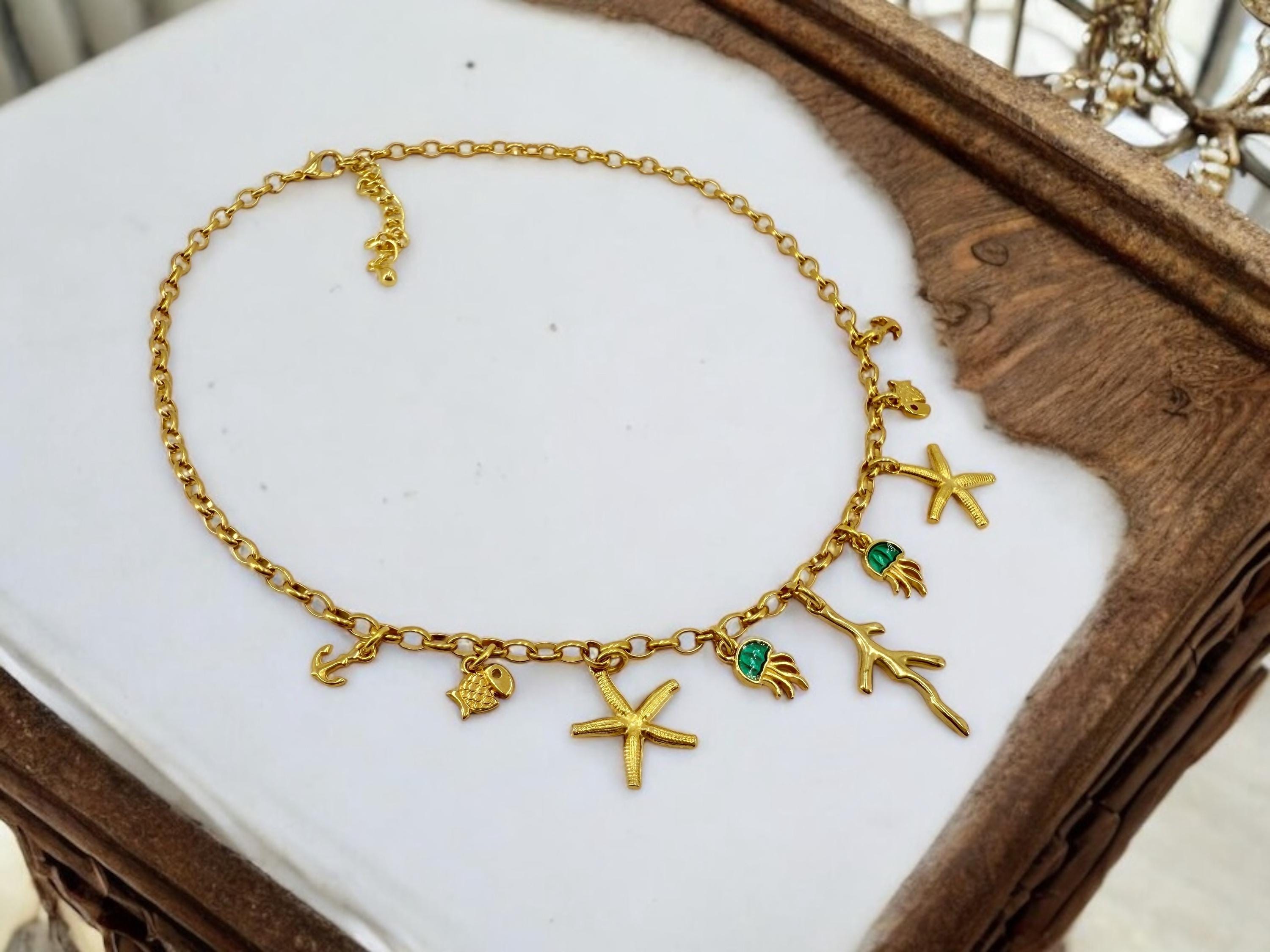Gold Multi-Charms Summer Necklace – Bohemian Sea Elements Pendant – Handmade in 24K Gold-Plated Zamak – Adjustable Length with Extender –