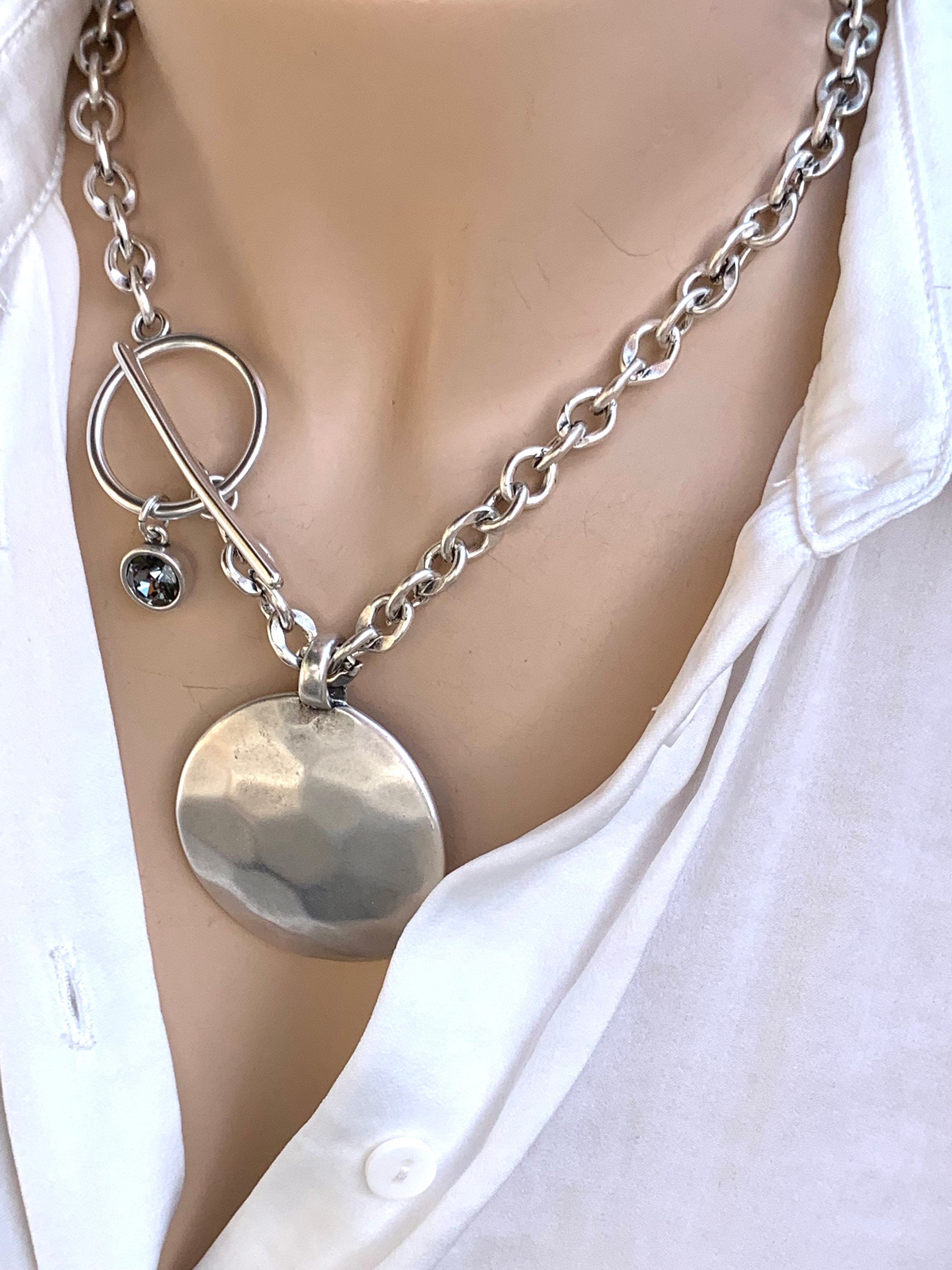Chunky Hammered Disc pendant Necklace – Bold Silver Chain with Toggle Clasp & Swarovski Charm – Sculptural Statement Jewelry, gift for her