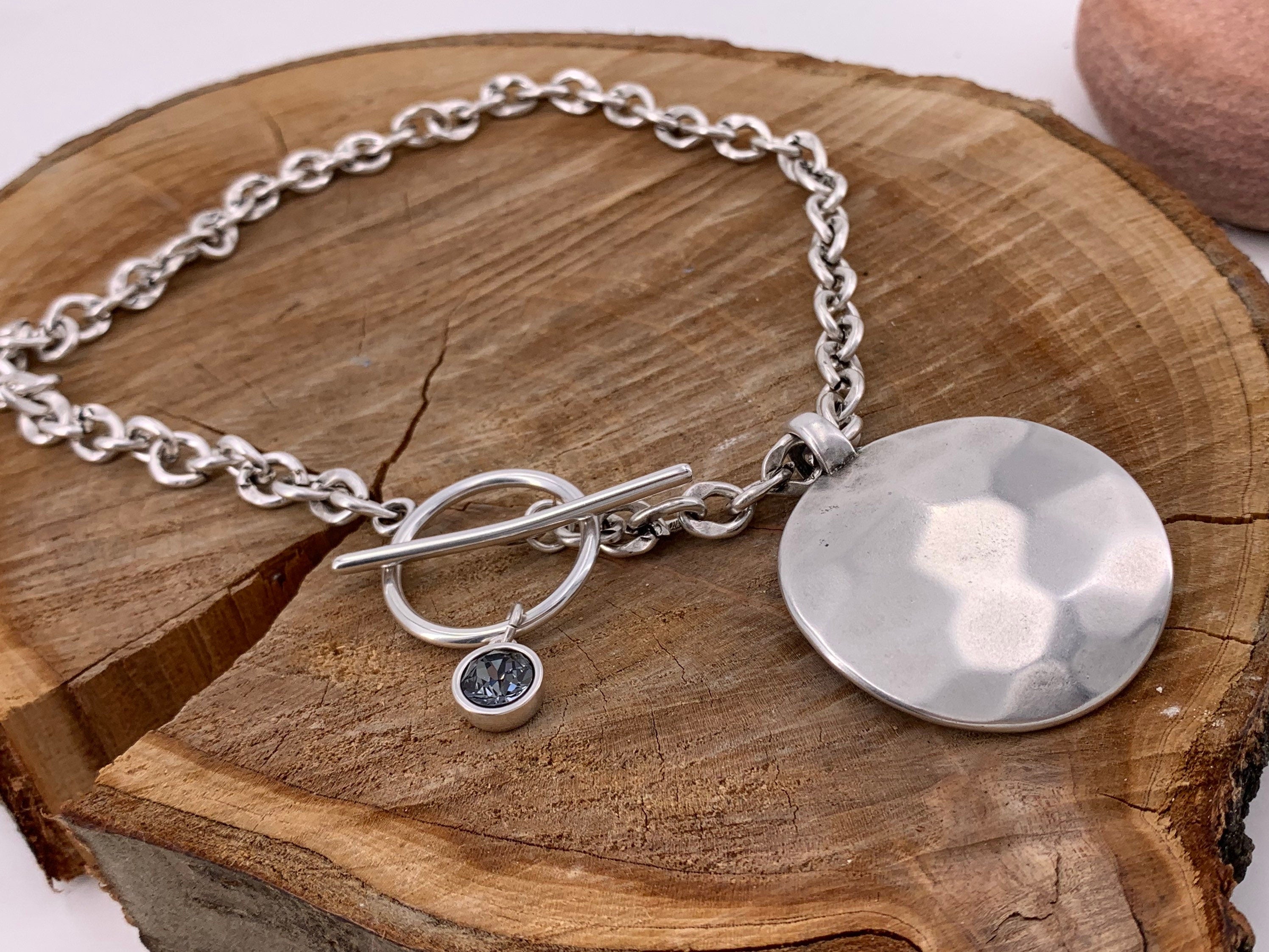 Chunky Hammered Disc pendant Necklace – Bold Silver Chain with Toggle Clasp & Swarovski Charm – Sculptural Statement Jewelry, gift for her