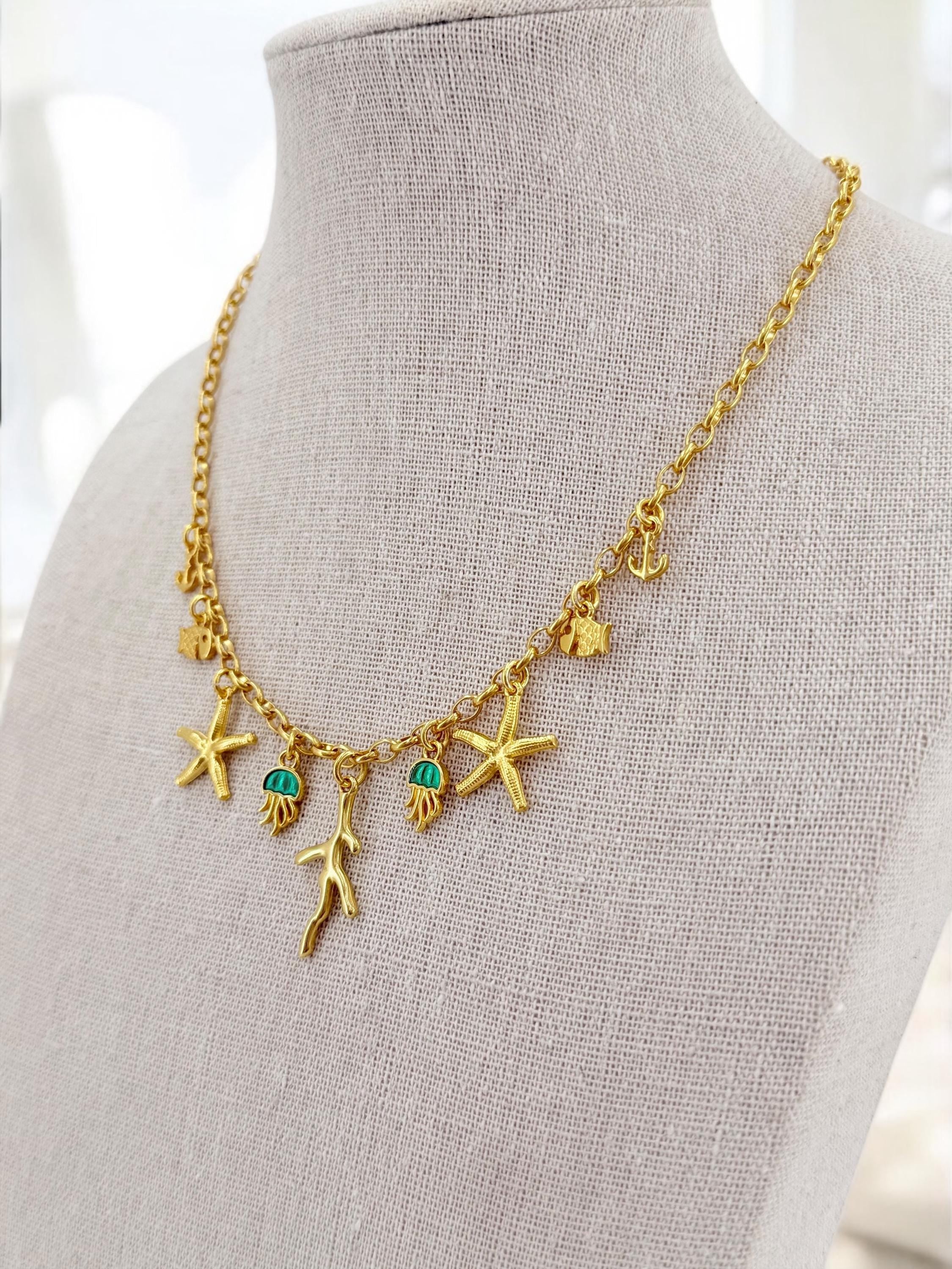 Gold Multi-Charms Summer Necklace – Bohemian Sea Elements Pendant – Handmade in 24K Gold-Plated Zamak – Adjustable Length with Extender –
