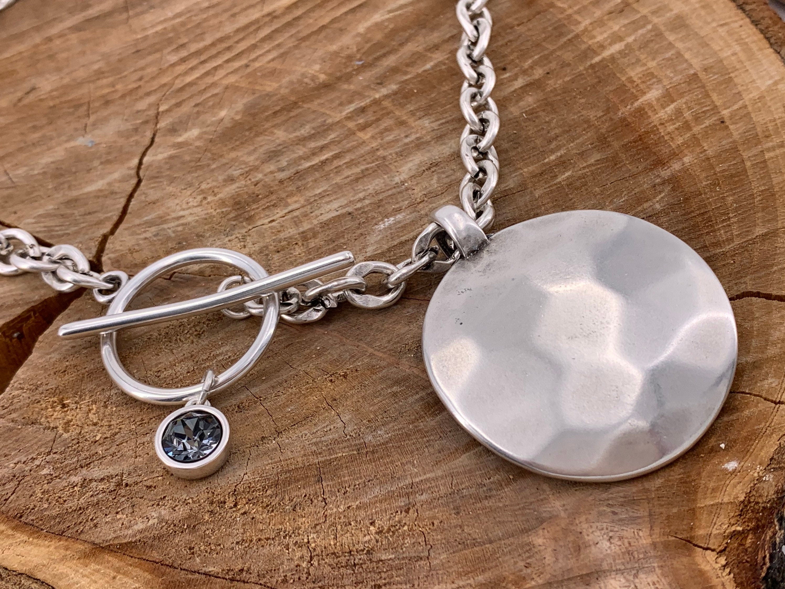 Chunky Hammered Disc pendant Necklace – Bold Silver Chain with Toggle Clasp & Swarovski Charm – Sculptural Statement Jewelry, gift for her
