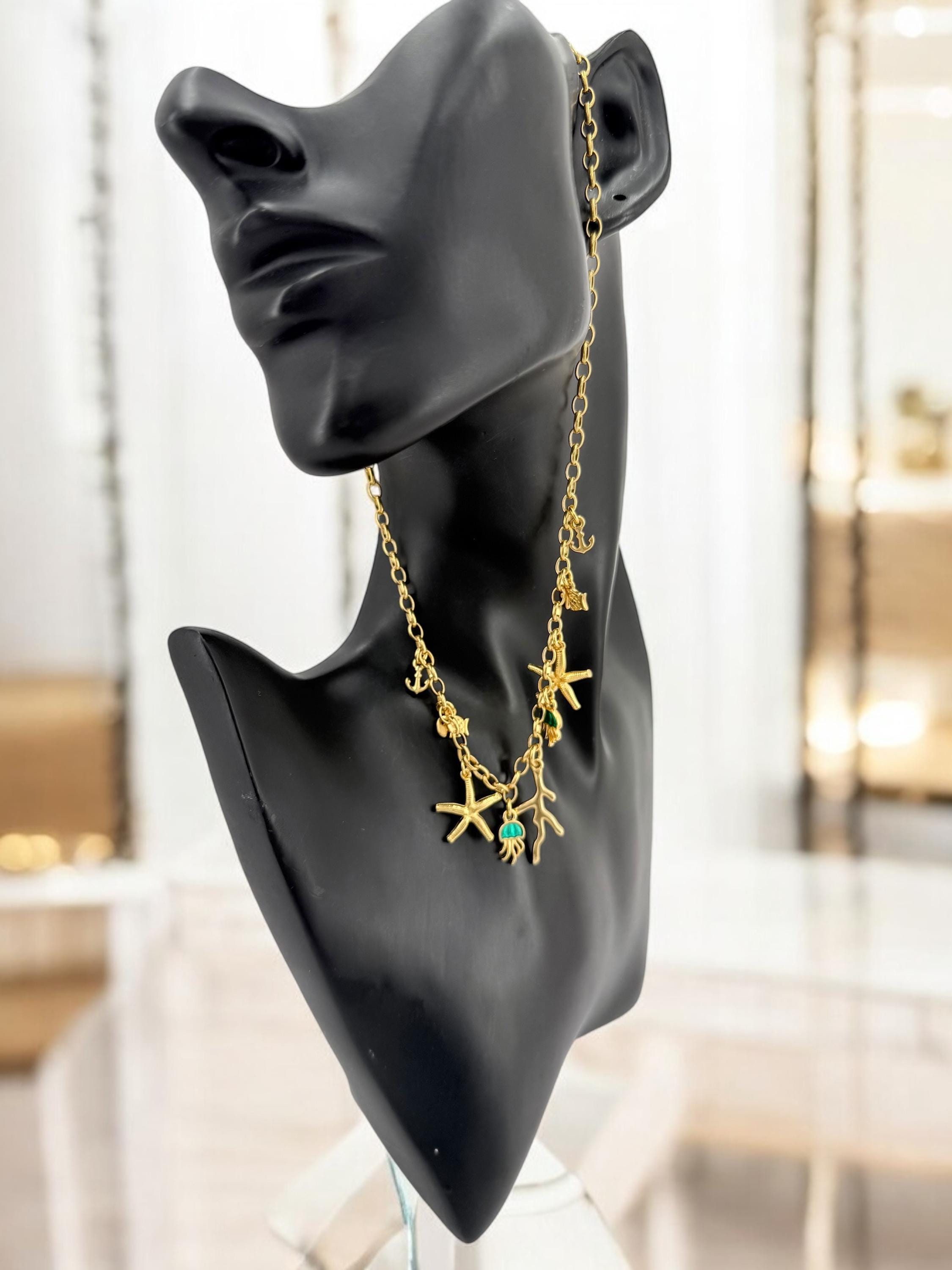 Gold Multi-Charms Summer Necklace – Bohemian Sea Elements Pendant – Handmade in 24K Gold-Plated Zamak – Adjustable Length with Extender –