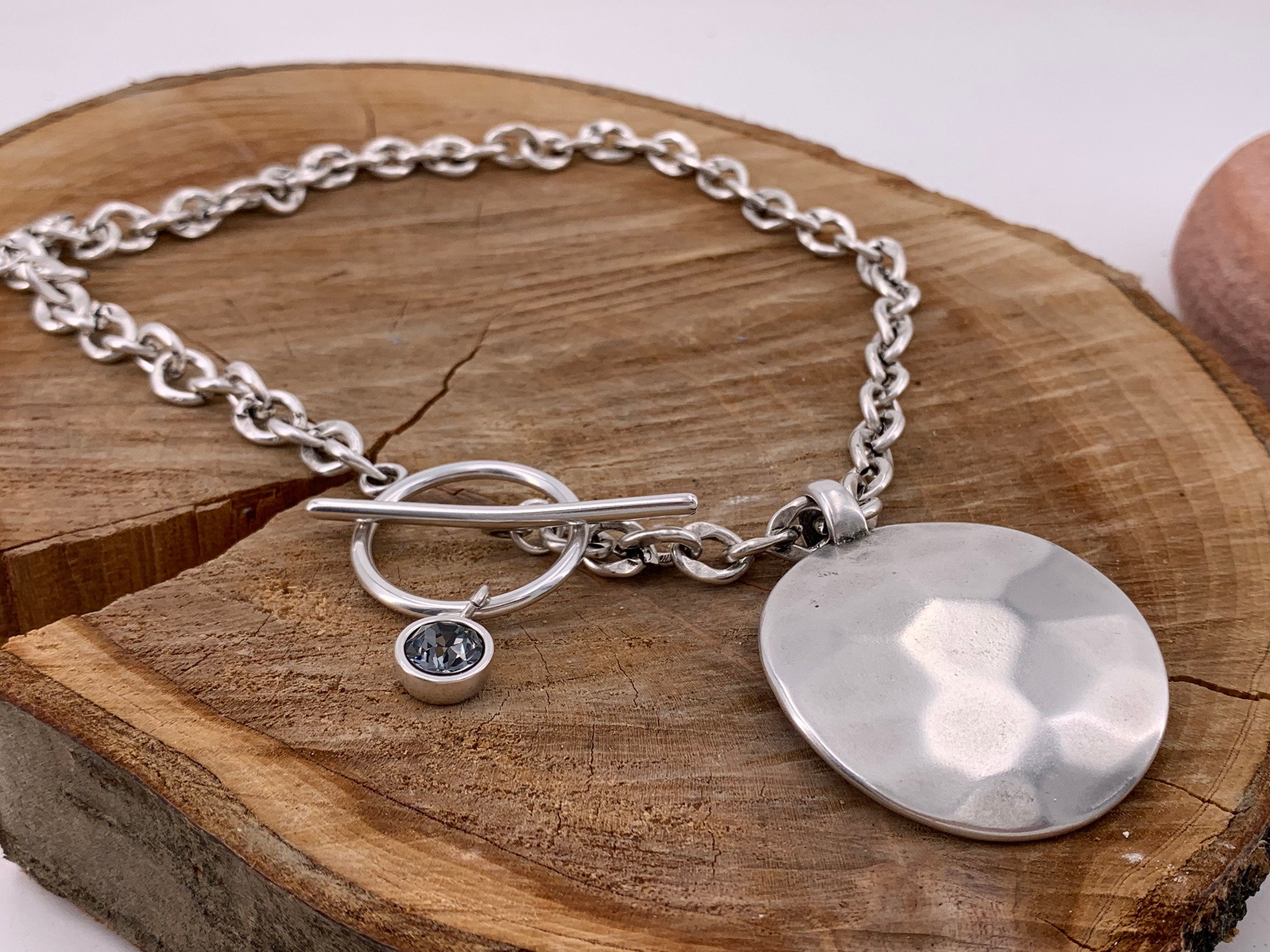 Chunky Hammered Disc pendant Necklace – Bold Silver Chain with Toggle Clasp & Swarovski Charm – Sculptural Statement Jewelry, gift for her