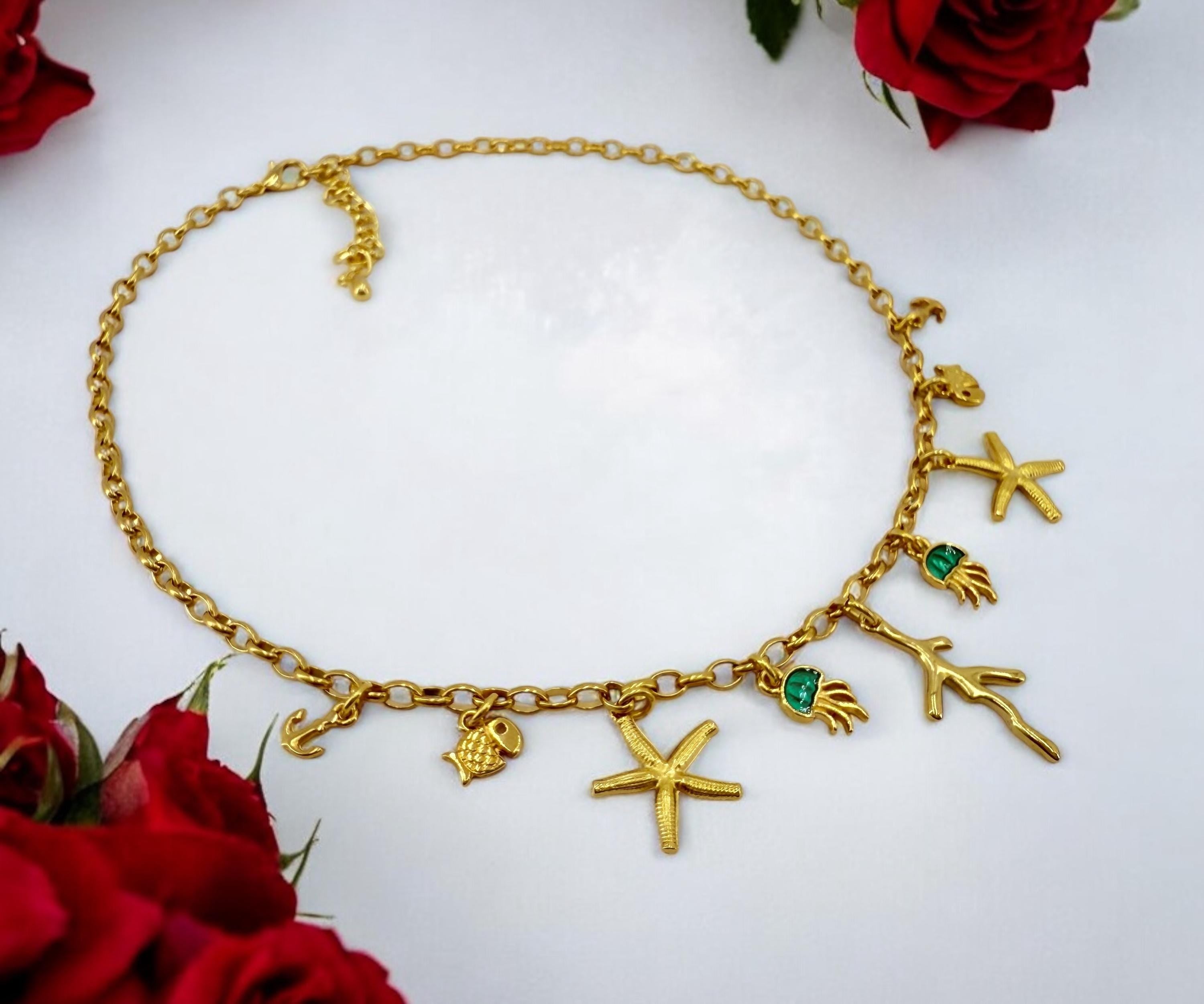 Gold Multi-Charms Summer Necklace – Bohemian Sea Elements Pendant – Handmade in 24K Gold-Plated Zamak – Adjustable Length with Extender –