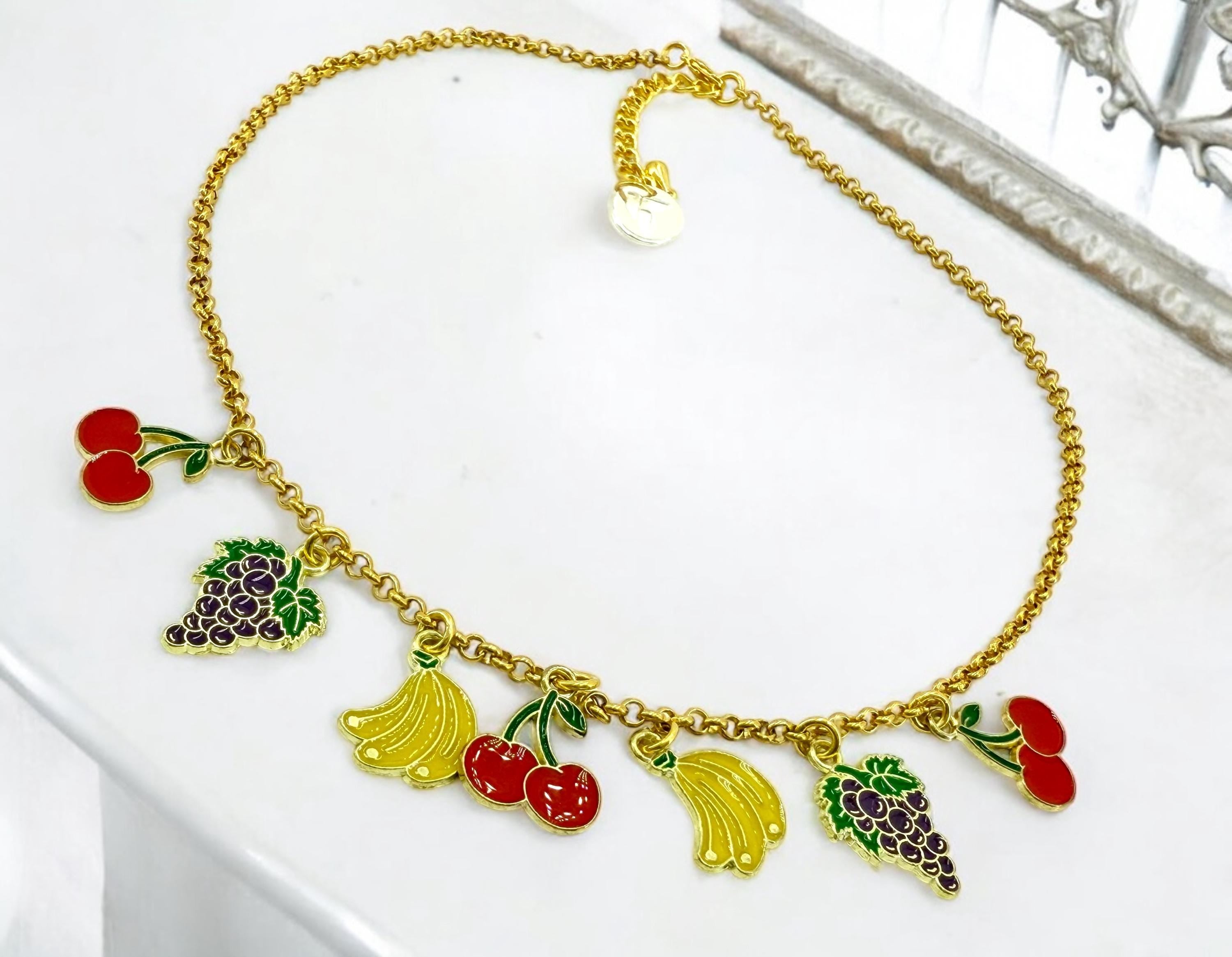 Gold Fruit Charm Necklace – 24k Plated Enamel Charms – Handmade Boho Jewelry – Adjustable Length – Unique Gift, summer necklace