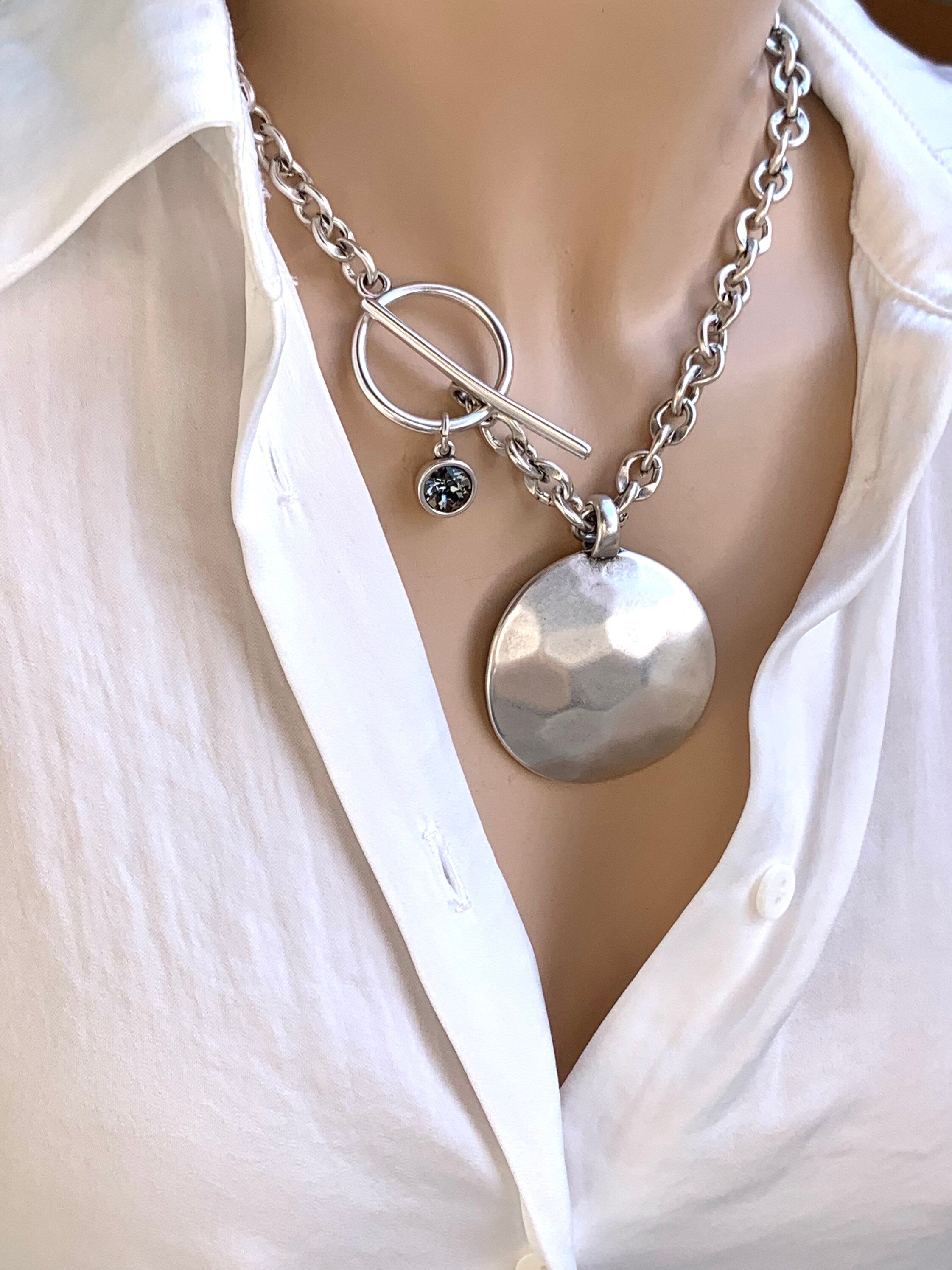 Chunky Hammered Disc pendant Necklace – Bold Silver Chain with Toggle Clasp & Swarovski Charm – Sculptural Statement Jewelry, gift for her