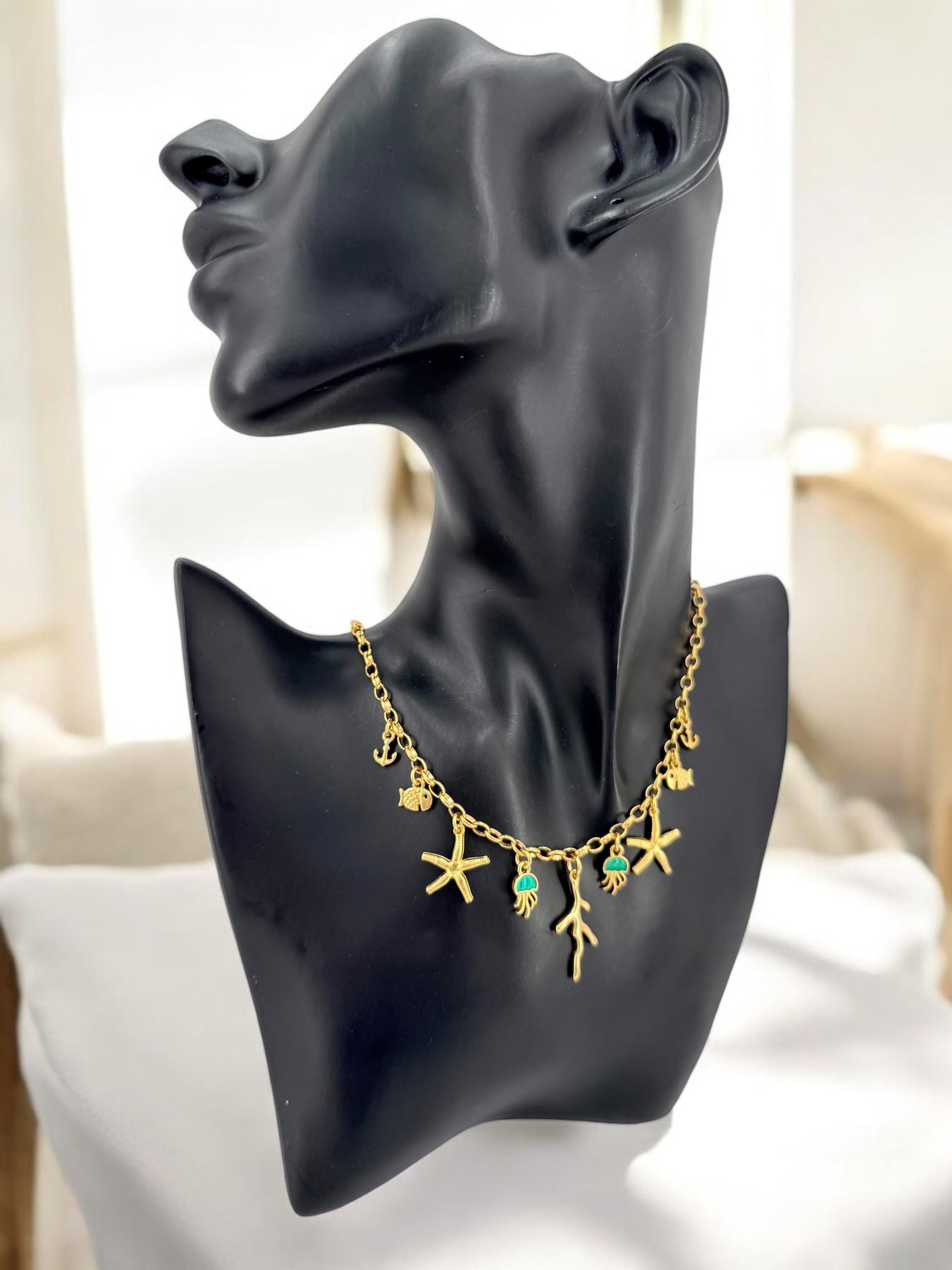 Gold Multi-Charms Summer Necklace – Bohemian Sea Elements Pendant – Handmade in 24K Gold-Plated Zamak – Adjustable Length with Extender –