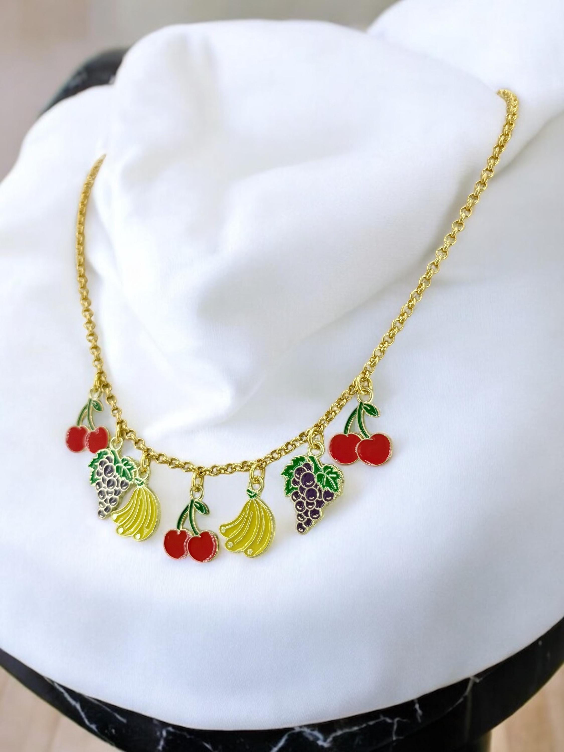 Gold Fruit Charm Necklace – 24k Plated Enamel Charms – Handmade Boho Jewelry – Adjustable Length – Unique Gift, summer necklace