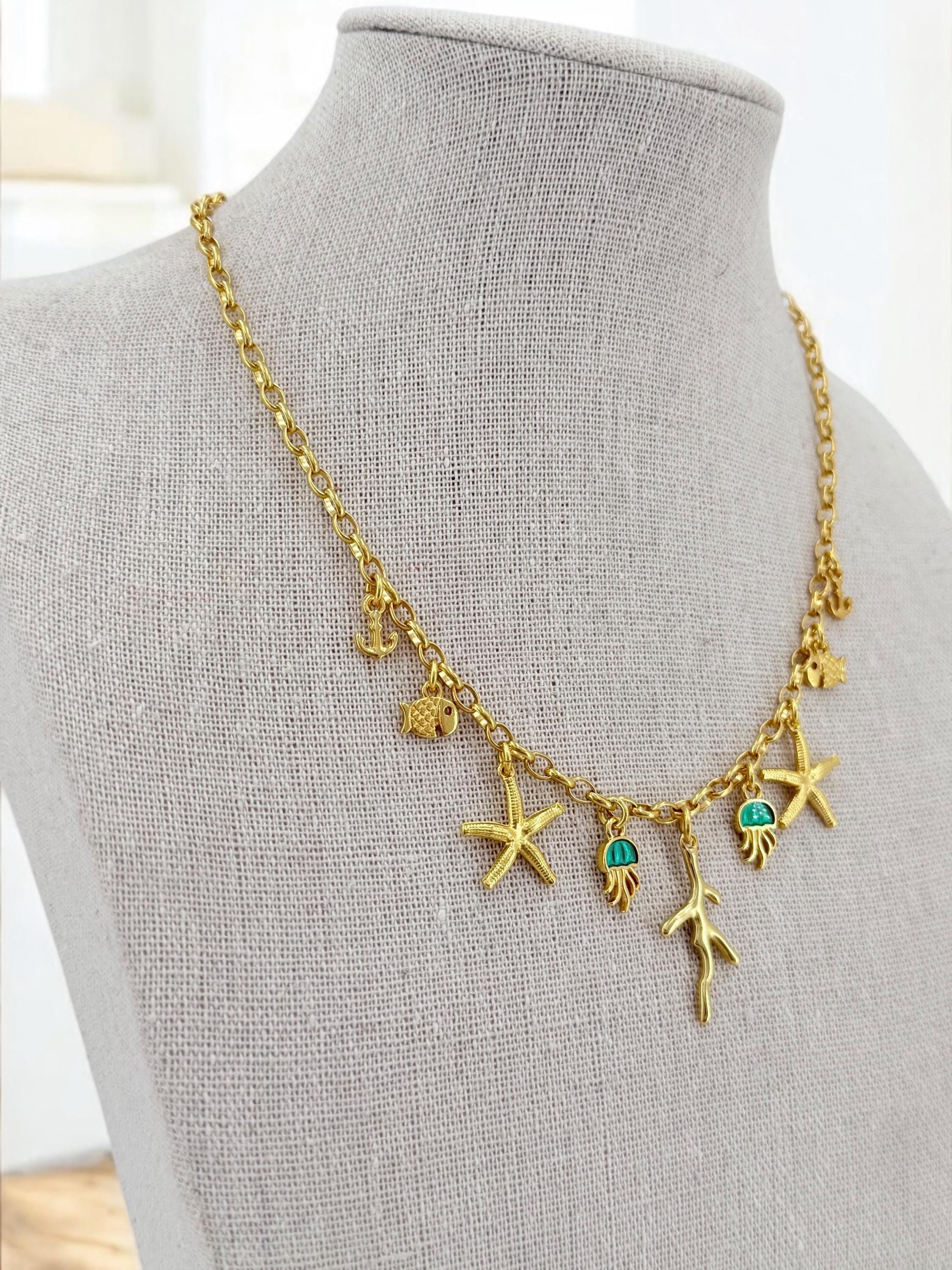 Gold Multi-Charms Summer Necklace – Bohemian Sea Elements Pendant – Handmade in 24K Gold-Plated Zamak – Adjustable Length with Extender –