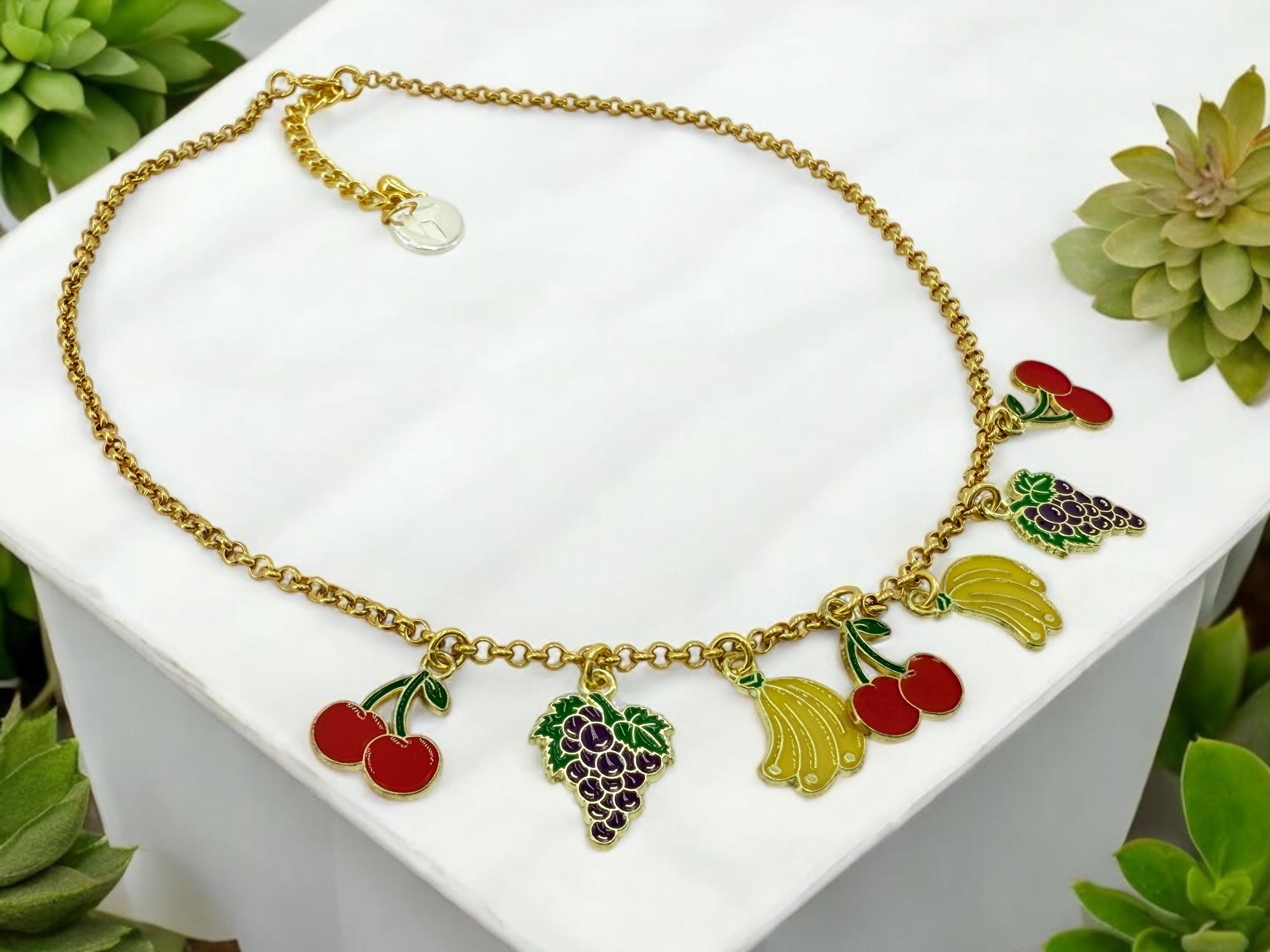 Gold Fruit Charm Necklace – 24k Plated Enamel Charms – Handmade Boho Jewelry – Adjustable Length – Unique Gift, summer necklace