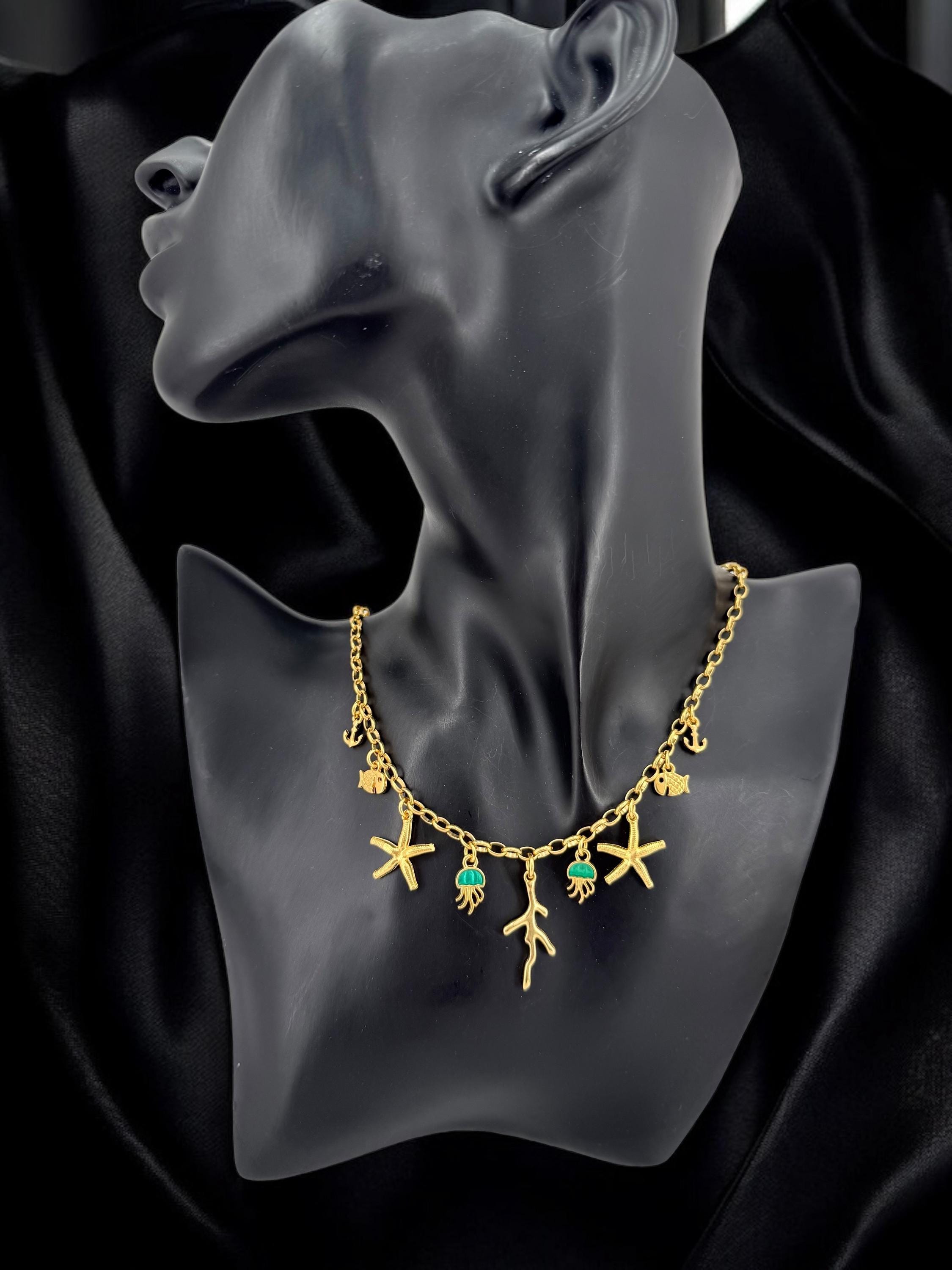 Gold Multi-Charms Summer Necklace – Bohemian Sea Elements Pendant – Handmade in 24K Gold-Plated Zamak – Adjustable Length with Extender –