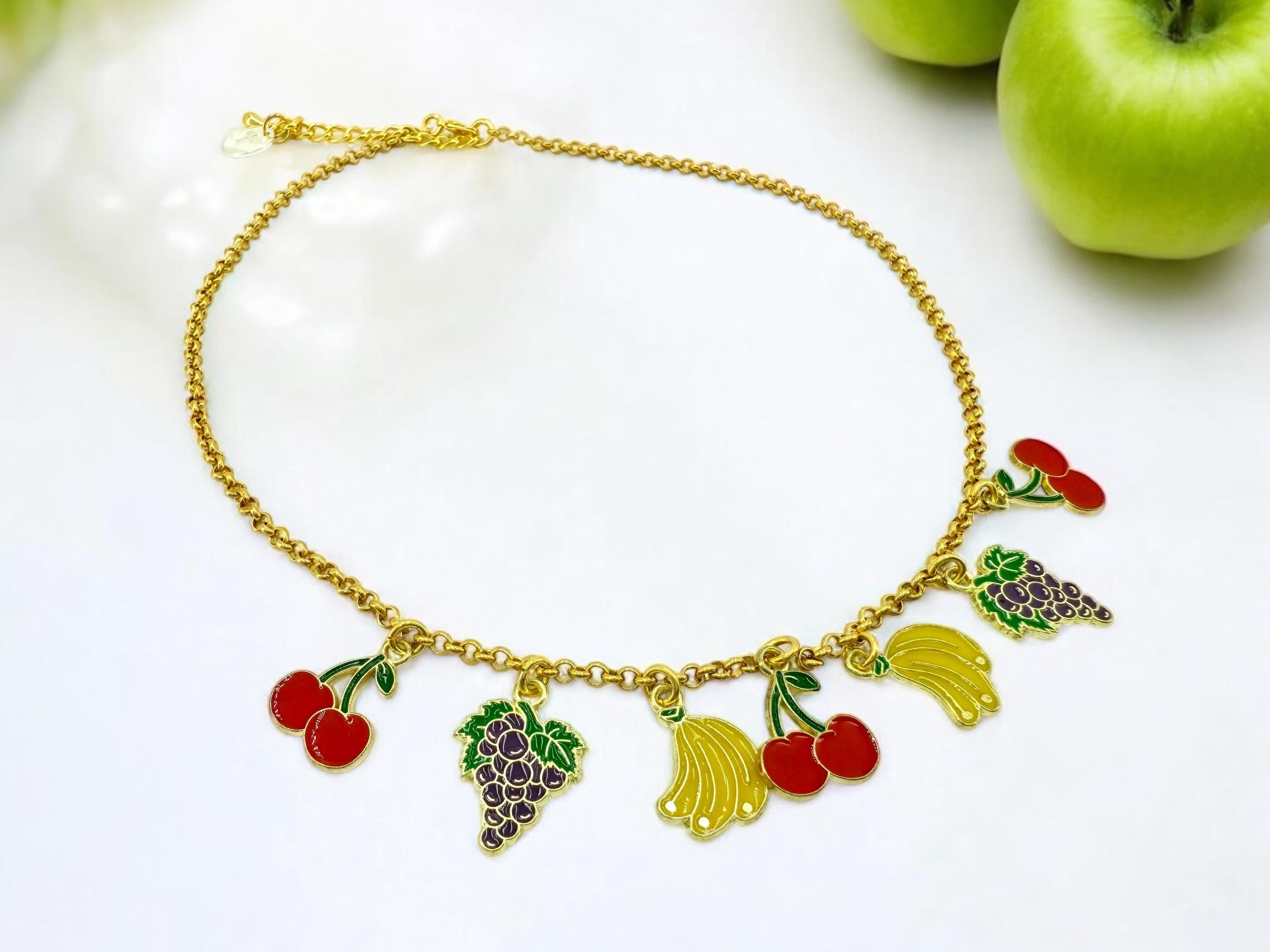 Gold Fruit Charm Necklace – 24k Plated Enamel Charms – Handmade Boho Jewelry – Adjustable Length – Unique Gift, summer necklace