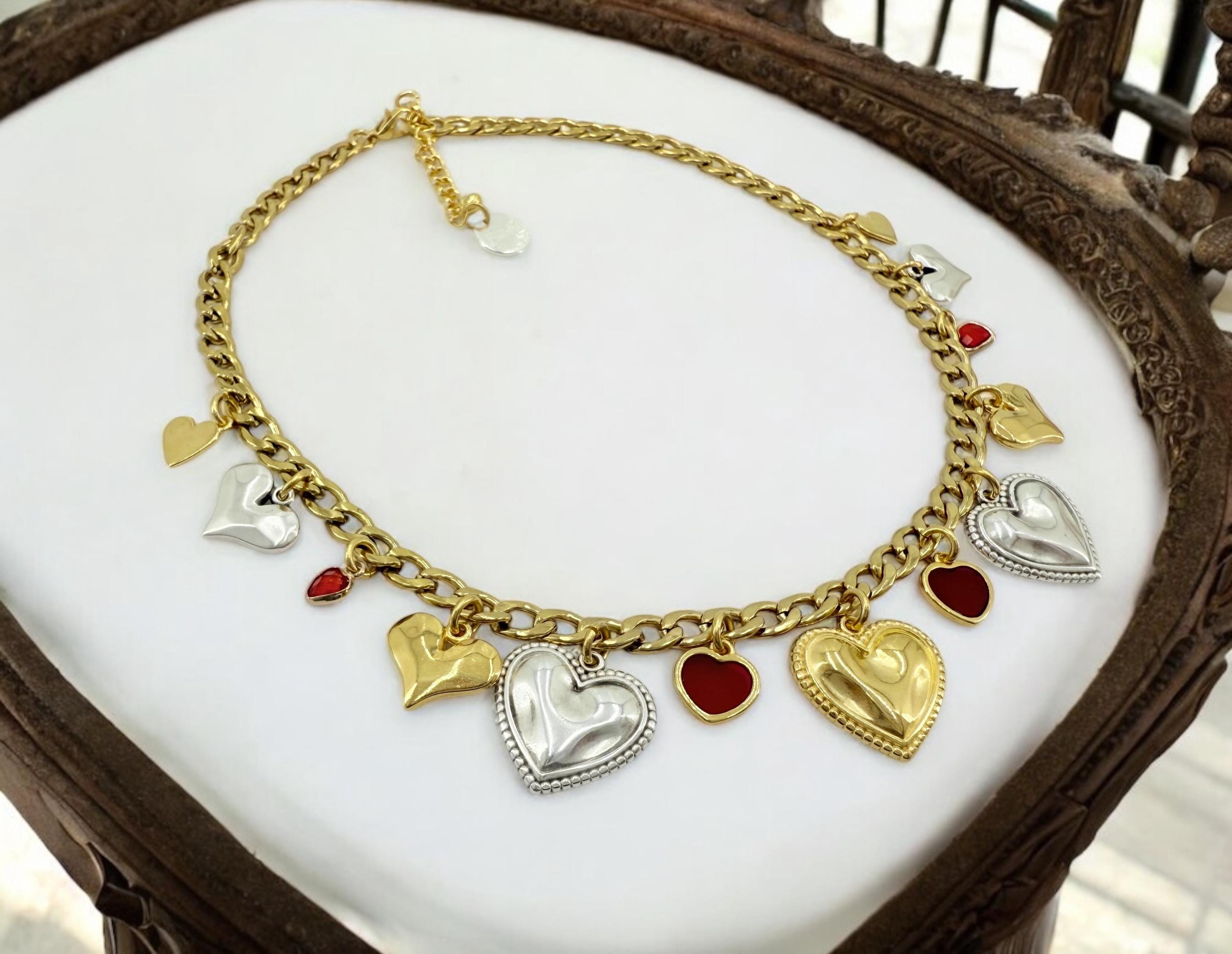 Colorful Heart Charms Necklace – Romantic Boho Style – Adjustable Statement Jewelry for Women – Bold & Playful Gift Idea