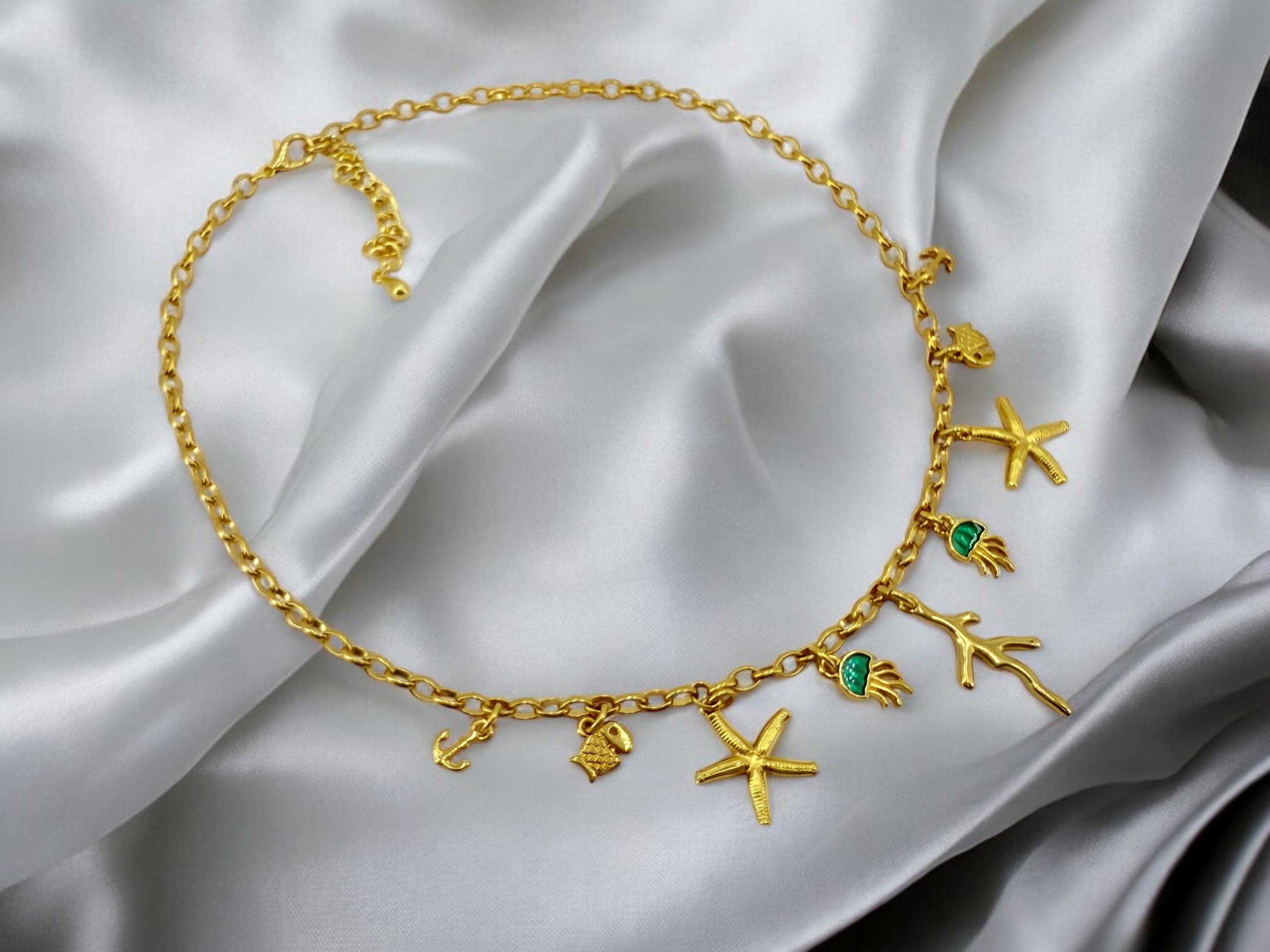 Gold Multi-Charms Summer Necklace – Bohemian Sea Elements Pendant – Handmade in 24K Gold-Plated Zamak – Adjustable Length with Extender –