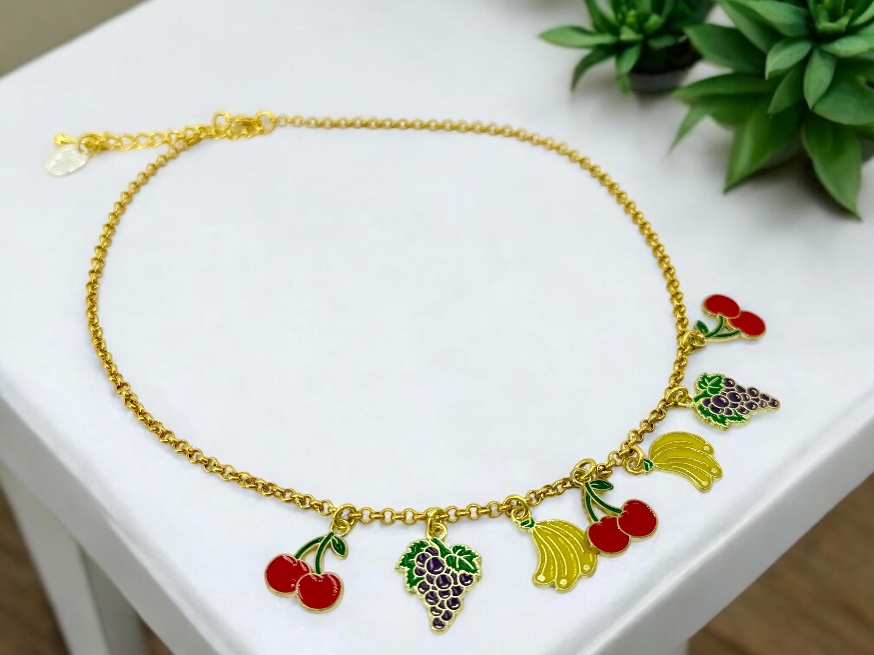 Gold Fruit Charm Necklace – 24k Plated Enamel Charms – Handmade Boho Jewelry – Adjustable Length – Unique Gift, summer necklace
