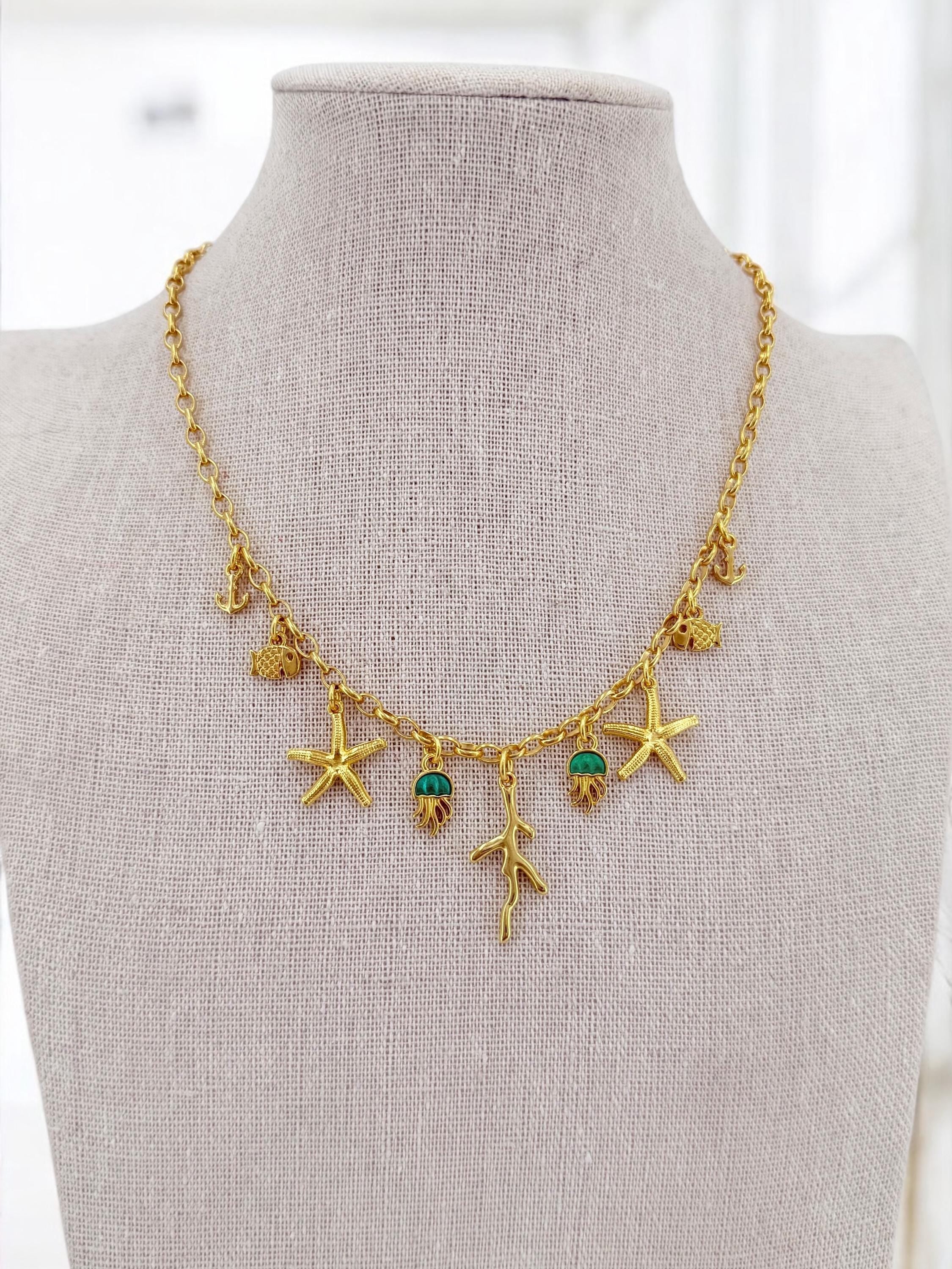 Gold Multi-Charms Summer Necklace – Bohemian Sea Elements Pendant – Handmade in 24K Gold-Plated Zamak – Adjustable Length with Extender –