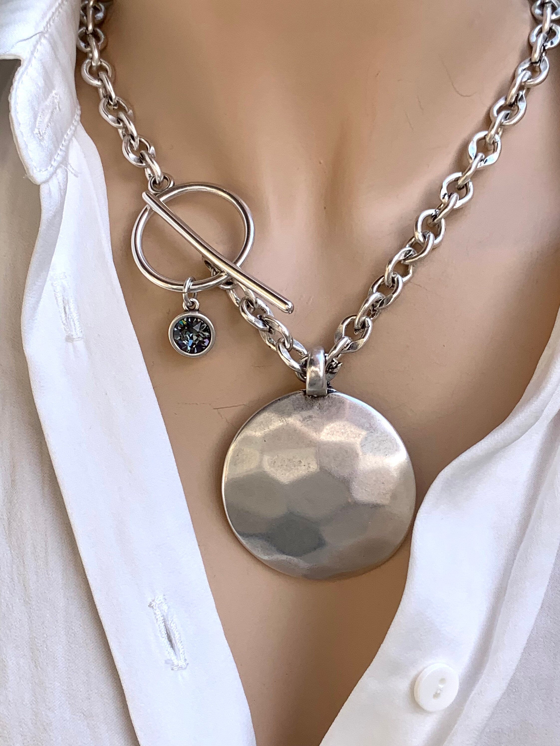 Chunky Hammered Disc pendant Necklace – Bold Silver Chain with Toggle Clasp & Swarovski Charm – Sculptural Statement Jewelry, gift for her
