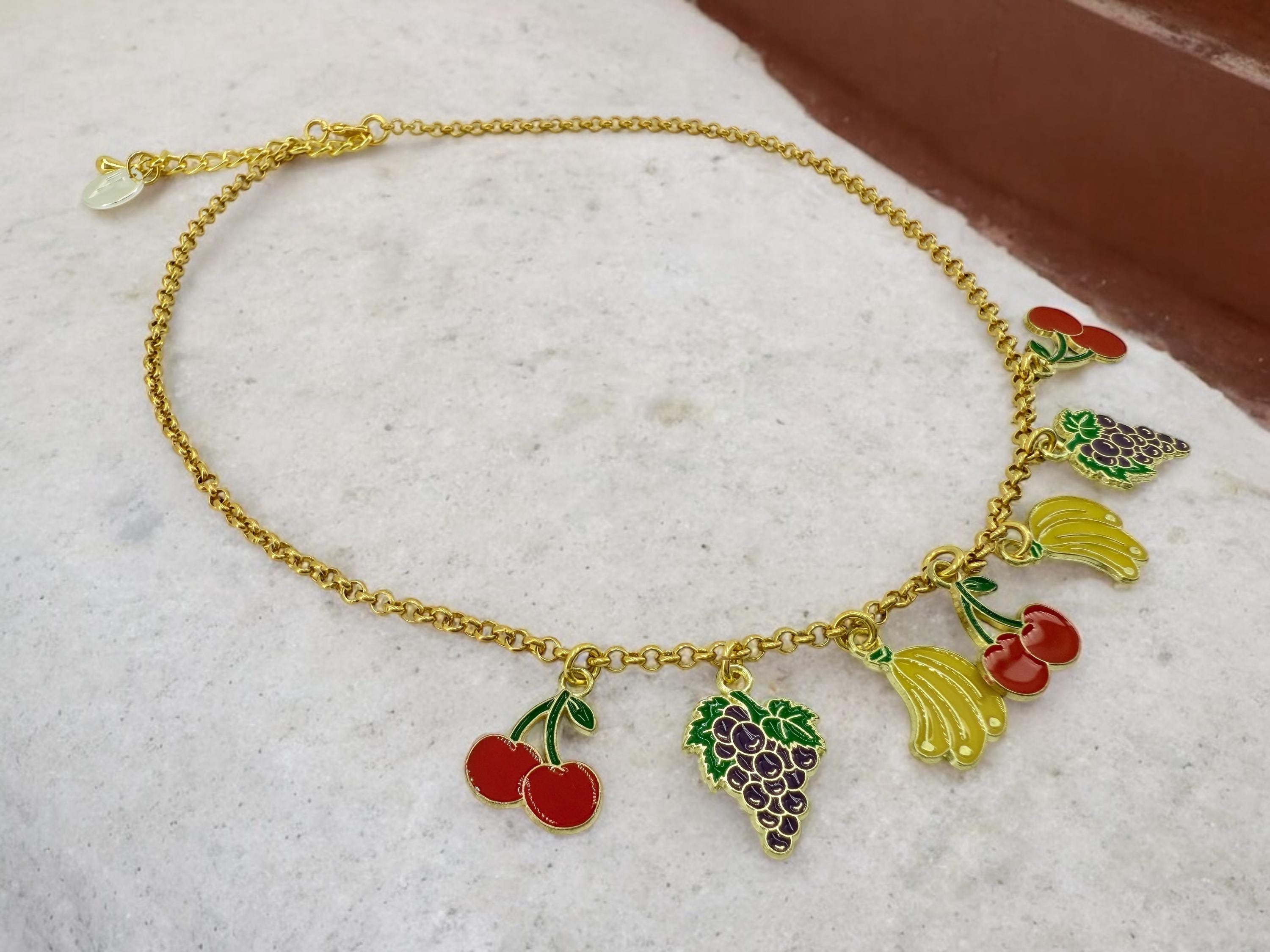 Gold Fruit Charm Necklace – 24k Plated Enamel Charms – Handmade Boho Jewelry – Adjustable Length – Unique Gift, summer necklace