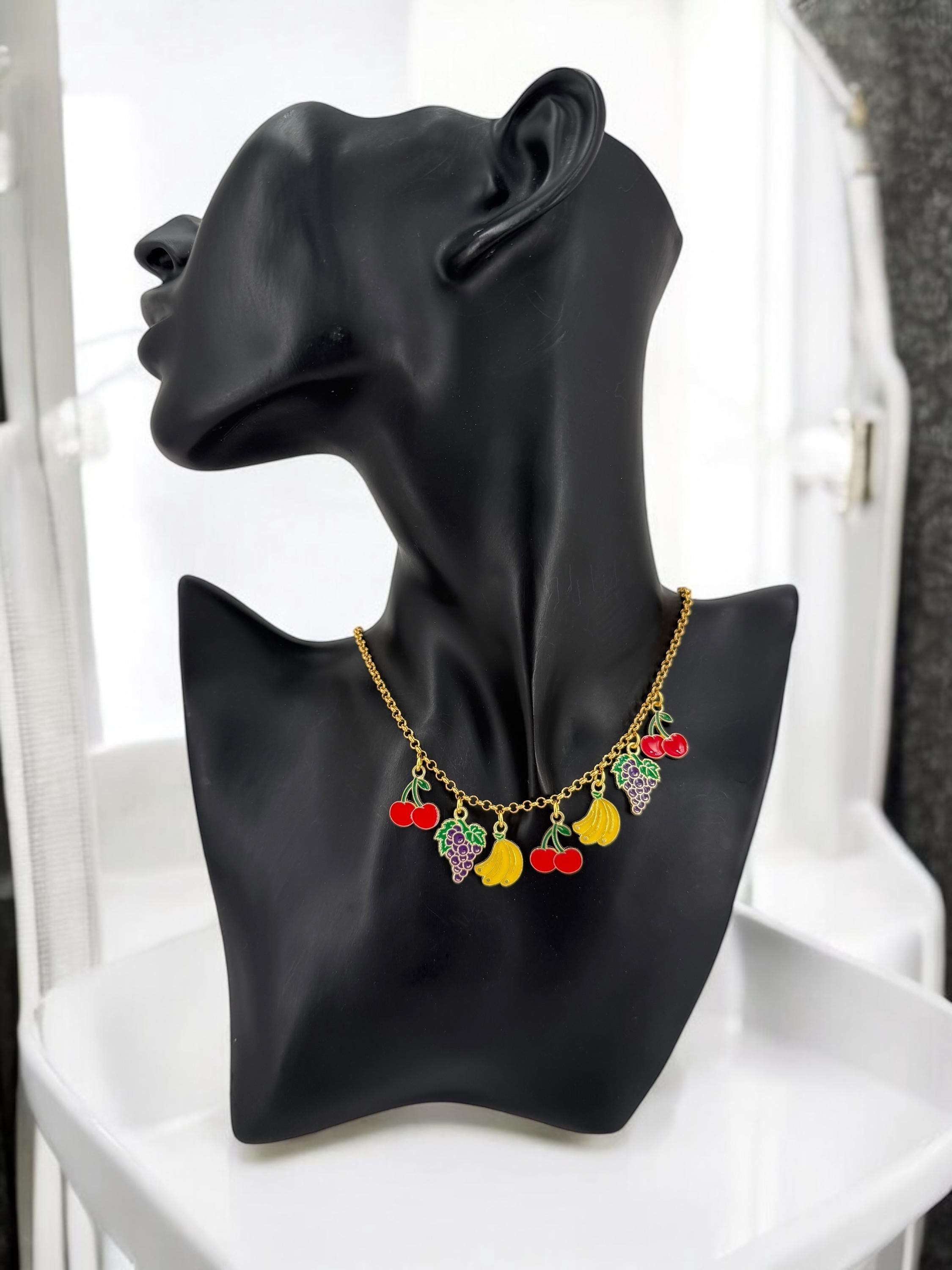 Gold Fruit Charm Necklace – 24k Plated Enamel Charms – Handmade Boho Jewelry – Adjustable Length – Unique Gift, summer necklace