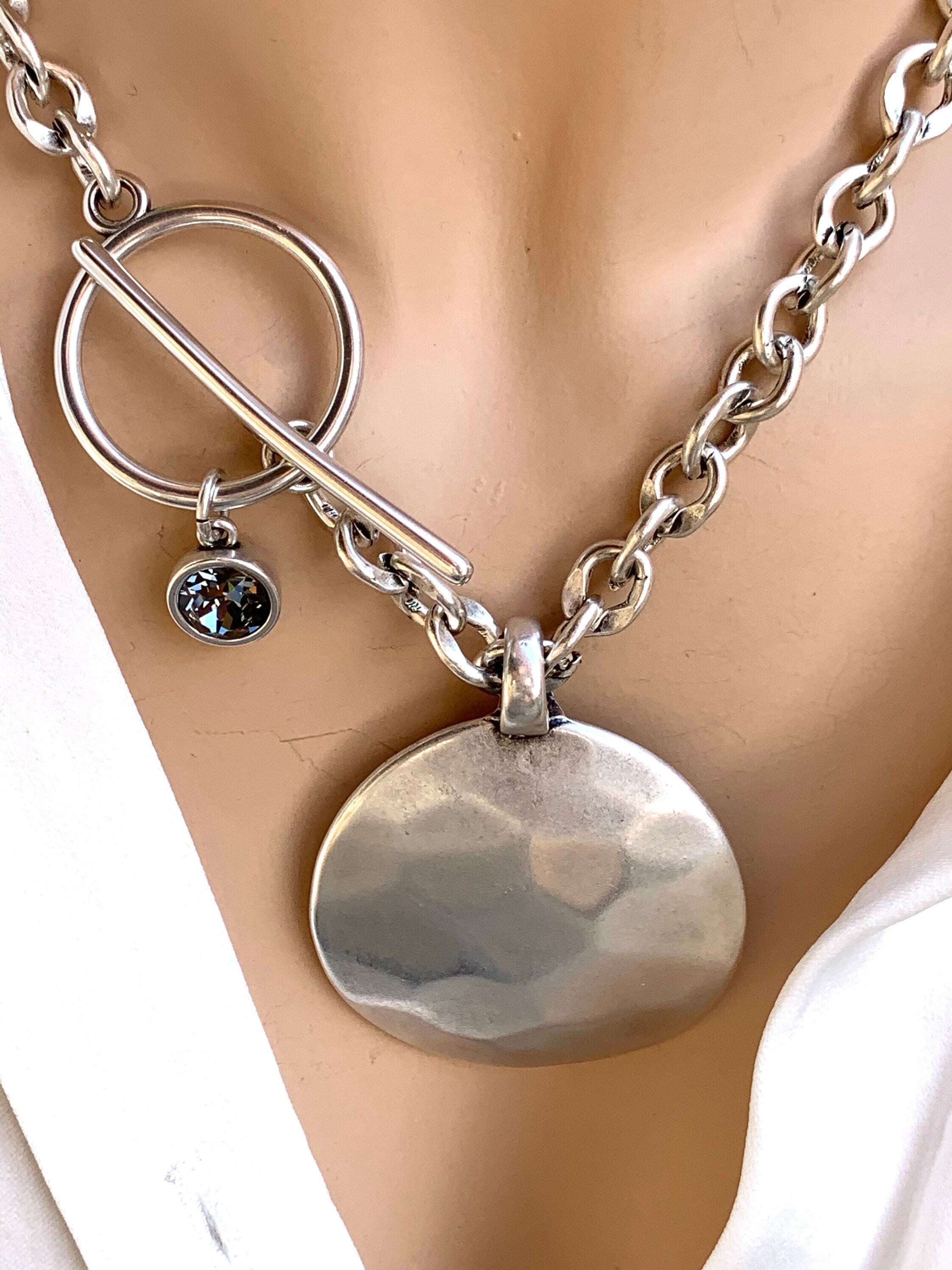 Chunky Hammered Disc pendant Necklace – Bold Silver Chain with Toggle Clasp & Swarovski Charm – Sculptural Statement Jewelry, gift for her