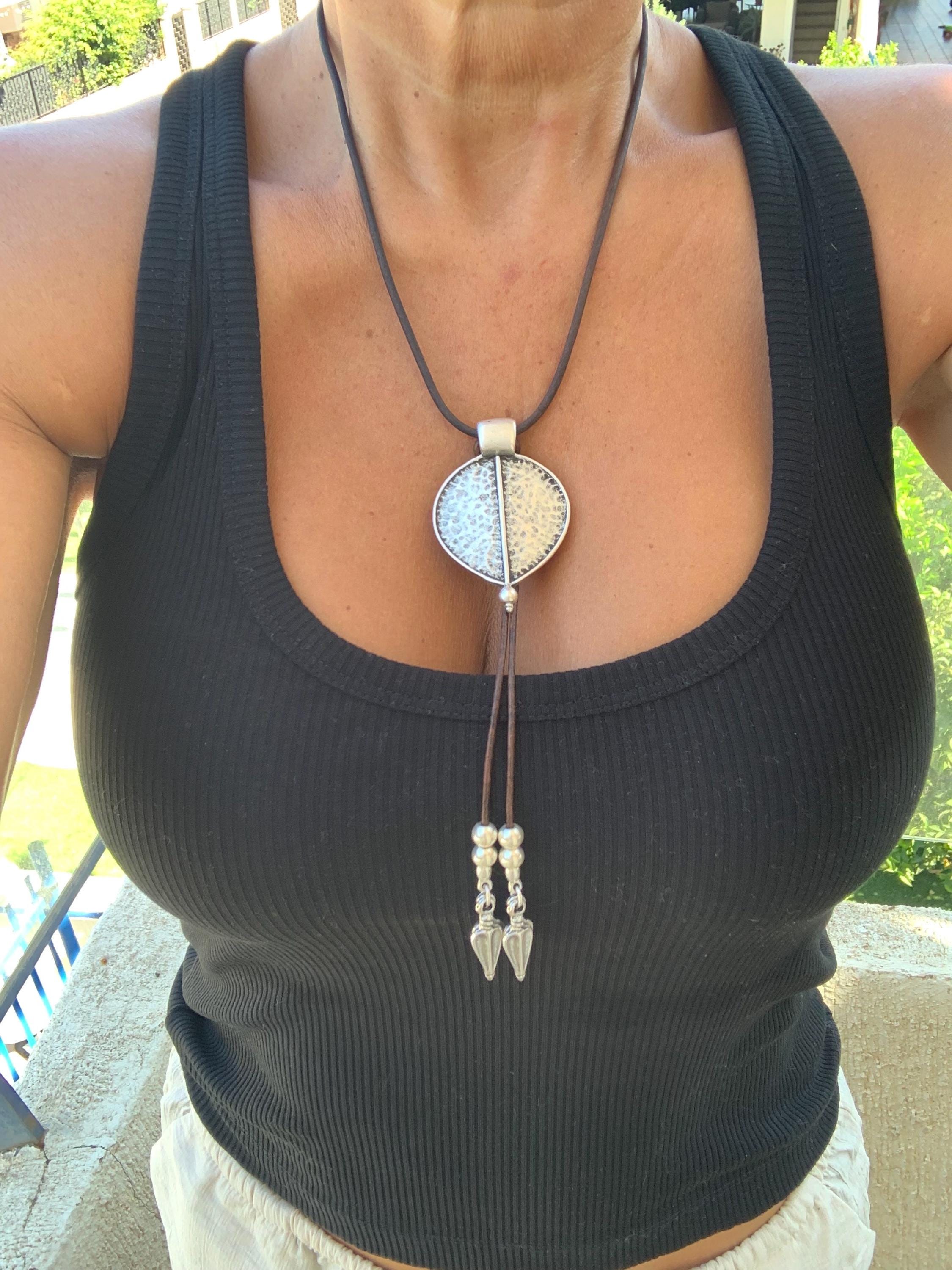 Leather lariat Necklace with Silver-Plated Textured statement Pendant – Handmade Boho Style with Charms and Custom Length, Lobster Clasp