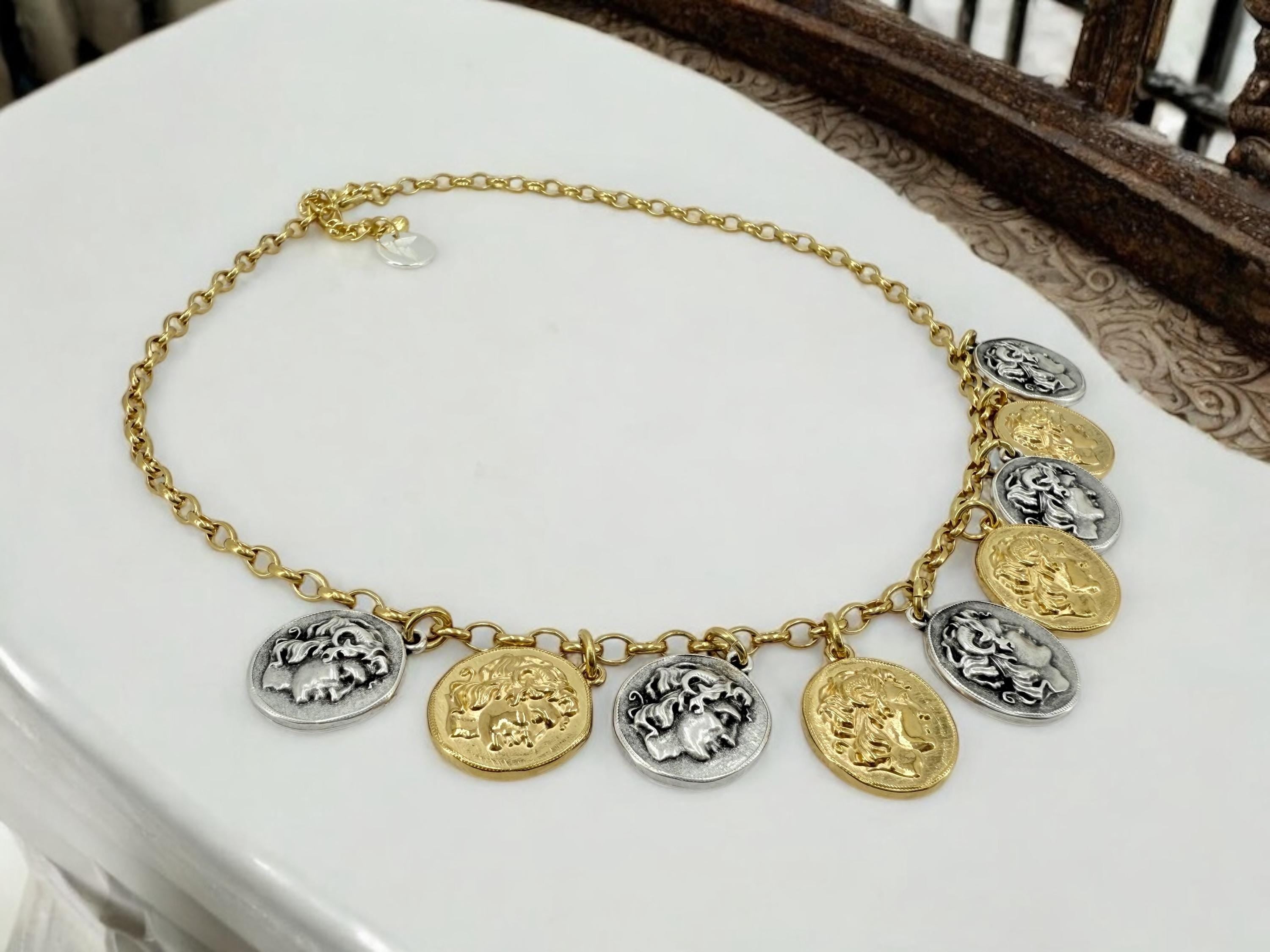Greek Coin Charms Necklace – Alexander the Great – Gold & Silver Tones – Adjustable Handmade Statement Jewelry – Gift for History Lovers