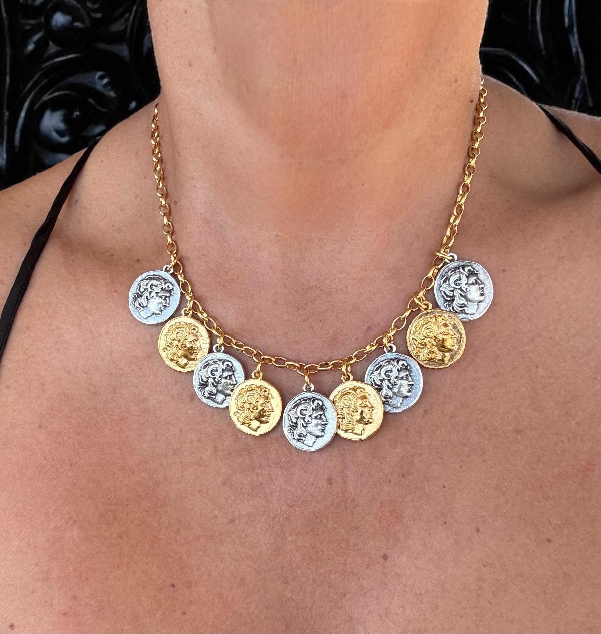 Greek Coin Charms Necklace – Alexander the Great – Gold & Silver Tones – Adjustable Handmade Statement Jewelry – Gift for History Lovers