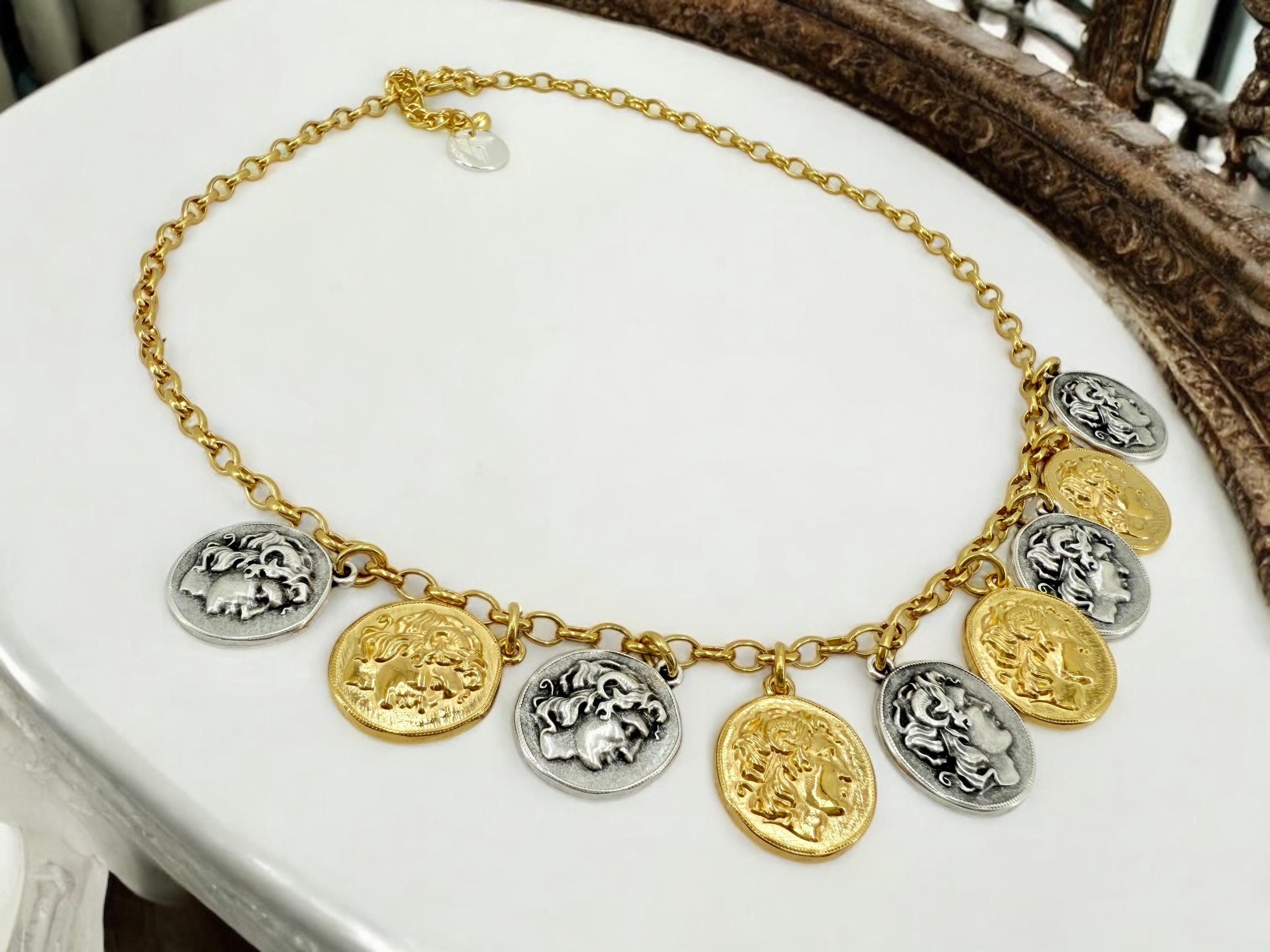 Greek Coin Charms Necklace – Alexander the Great – Gold & Silver Tones – Adjustable Handmade Statement Jewelry – Gift for History Lovers