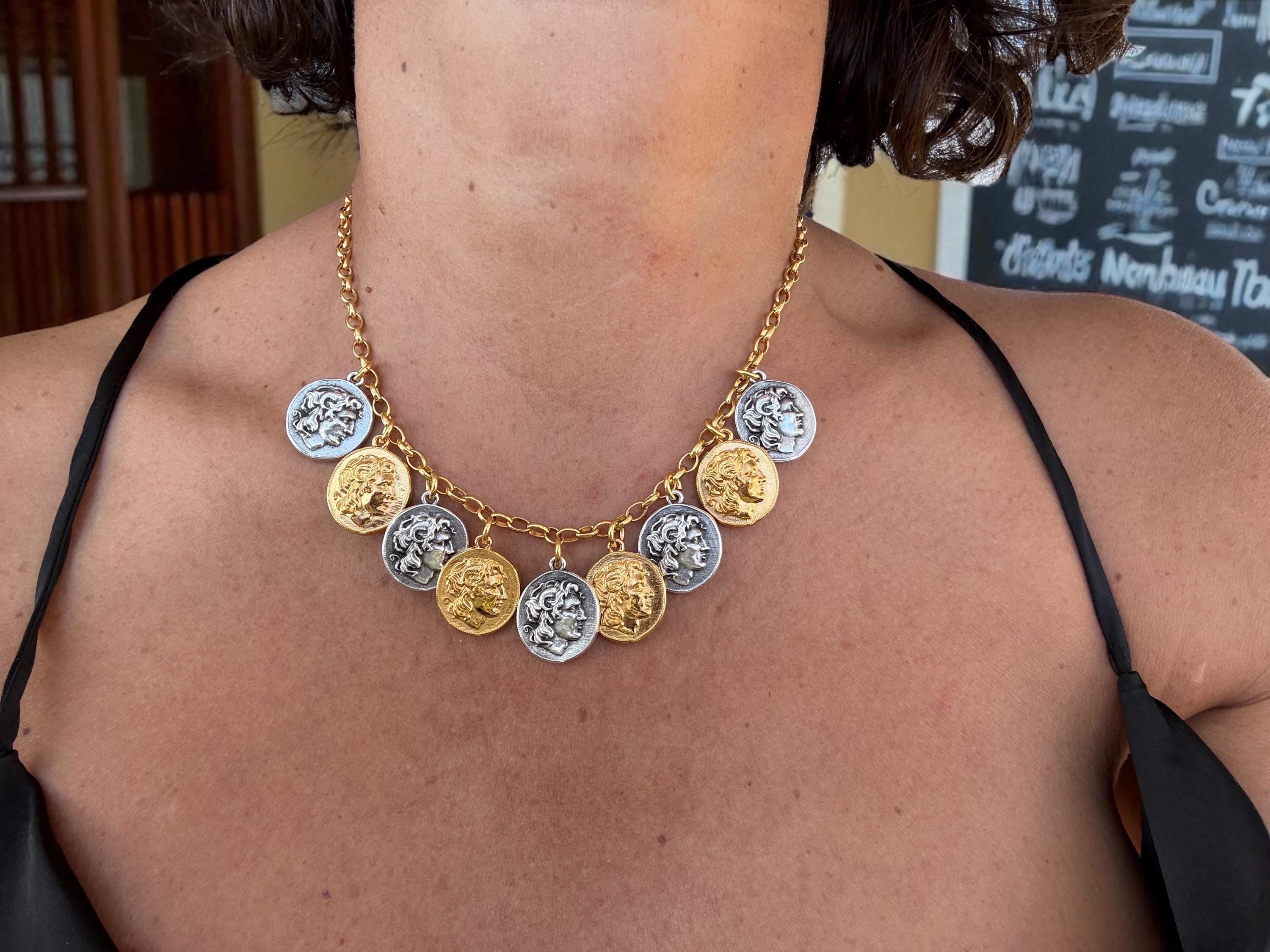 Greek Coin Charms Necklace – Alexander the Great – Gold & Silver Tones – Adjustable Handmade Statement Jewelry – Gift for History Lovers