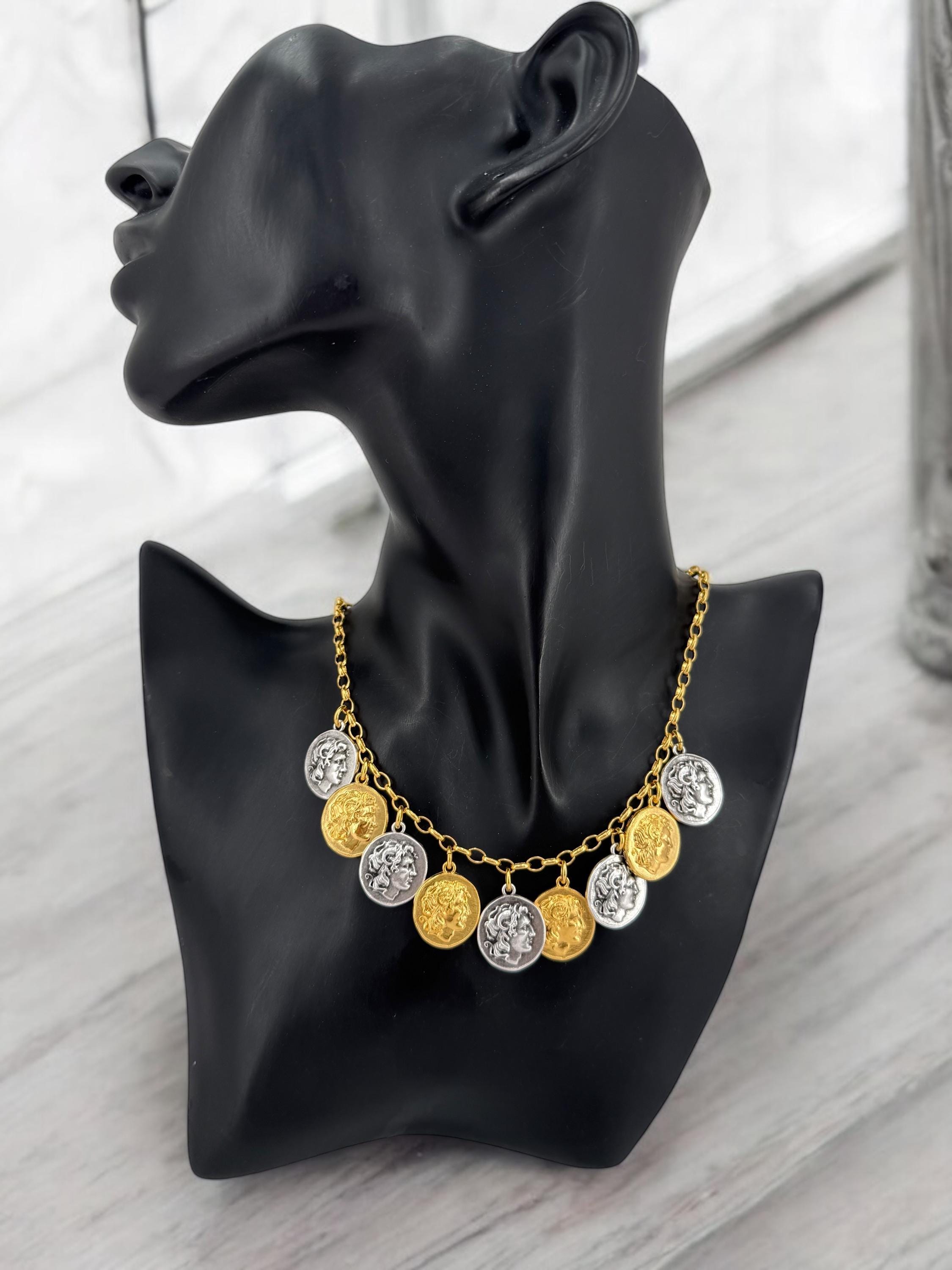 Greek Coin Charms Necklace – Alexander the Great – Gold & Silver Tones – Adjustable Handmade Statement Jewelry – Gift for History Lovers