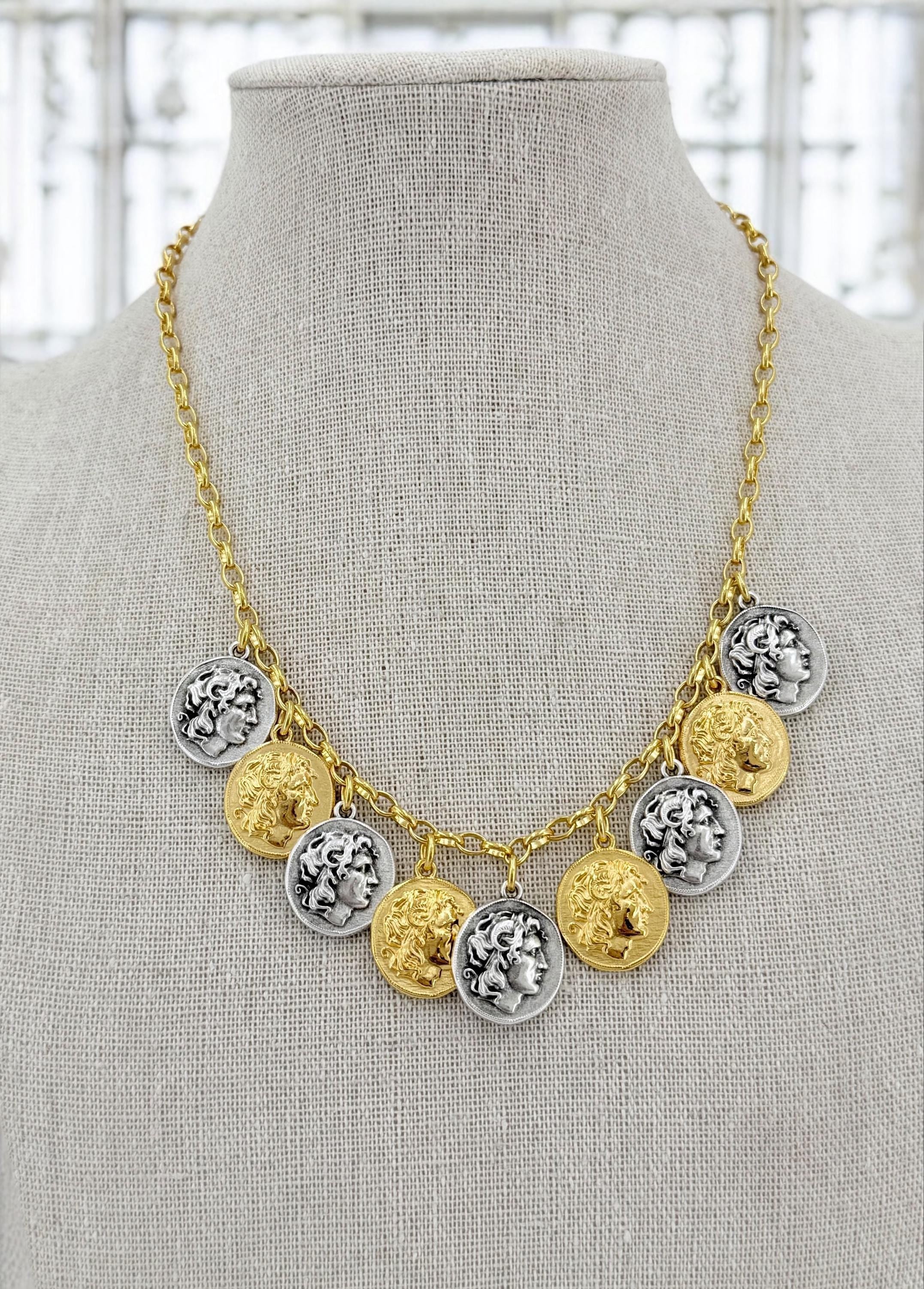 Greek Coin Charms Necklace – Alexander the Great – Gold & Silver Tones – Adjustable Handmade Statement Jewelry – Gift for History Lovers