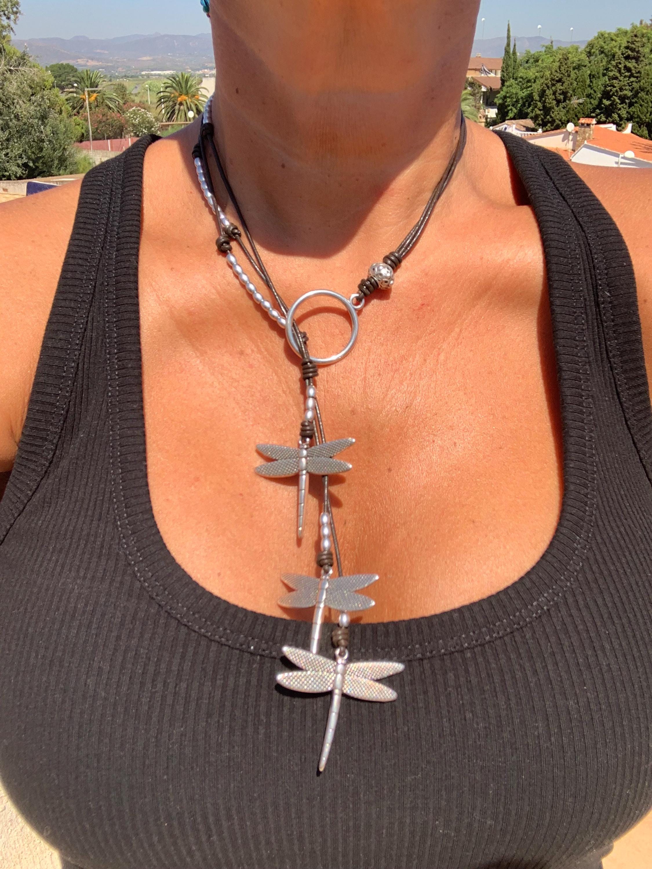 Dragonfly pendants lariat leather necklace, dangle dragonfly necklace, leather necklace, bohemian Y necklace, silver and leather necklace,