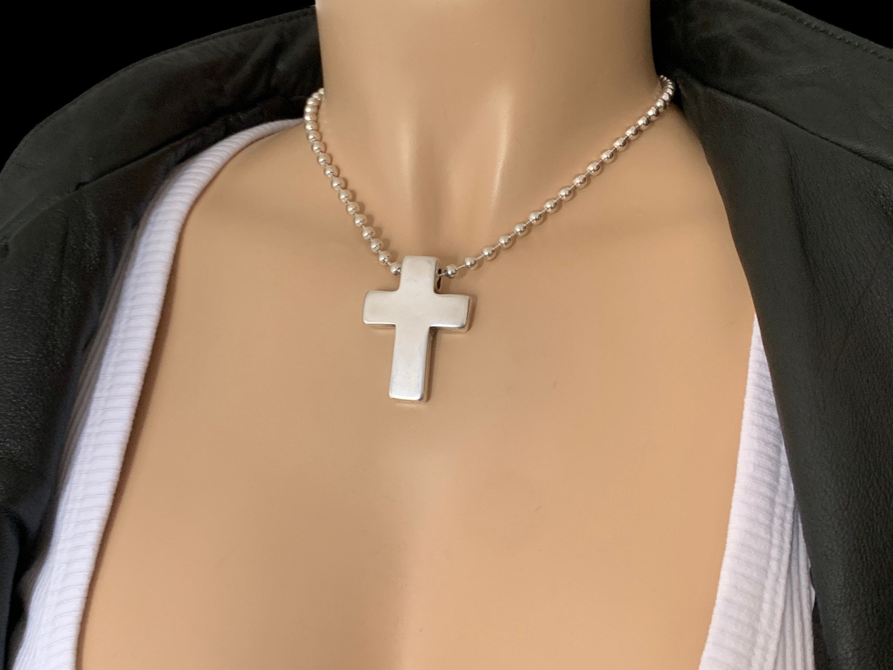 Gothic cross pendant necklace, chunky cross pendant, silver ball chain necklace, silver beads necklace, style, silver cross choker