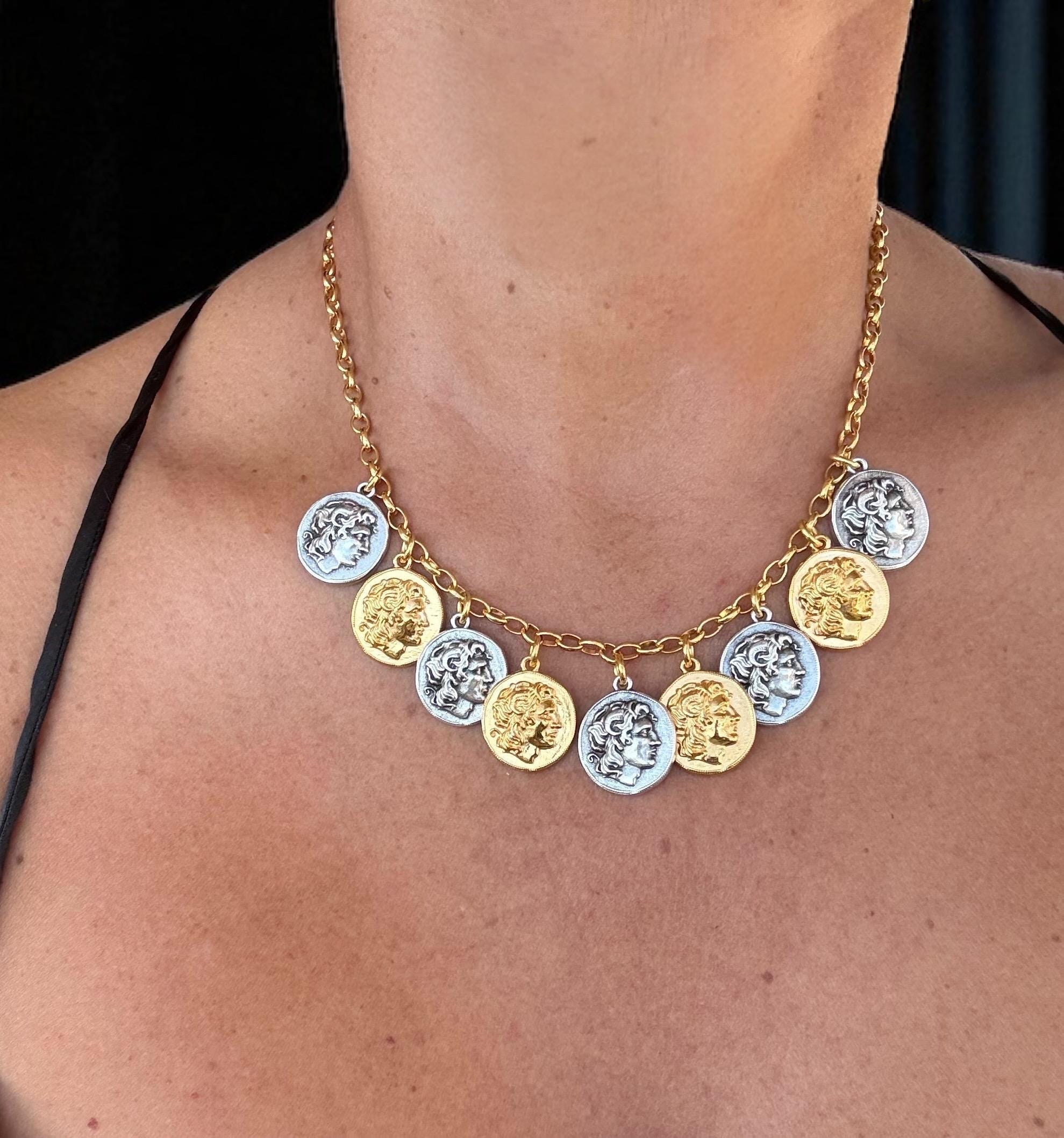 Greek Coin Charms Necklace – Alexander the Great – Gold & Silver Tones – Adjustable Handmade Statement Jewelry – Gift for History Lovers