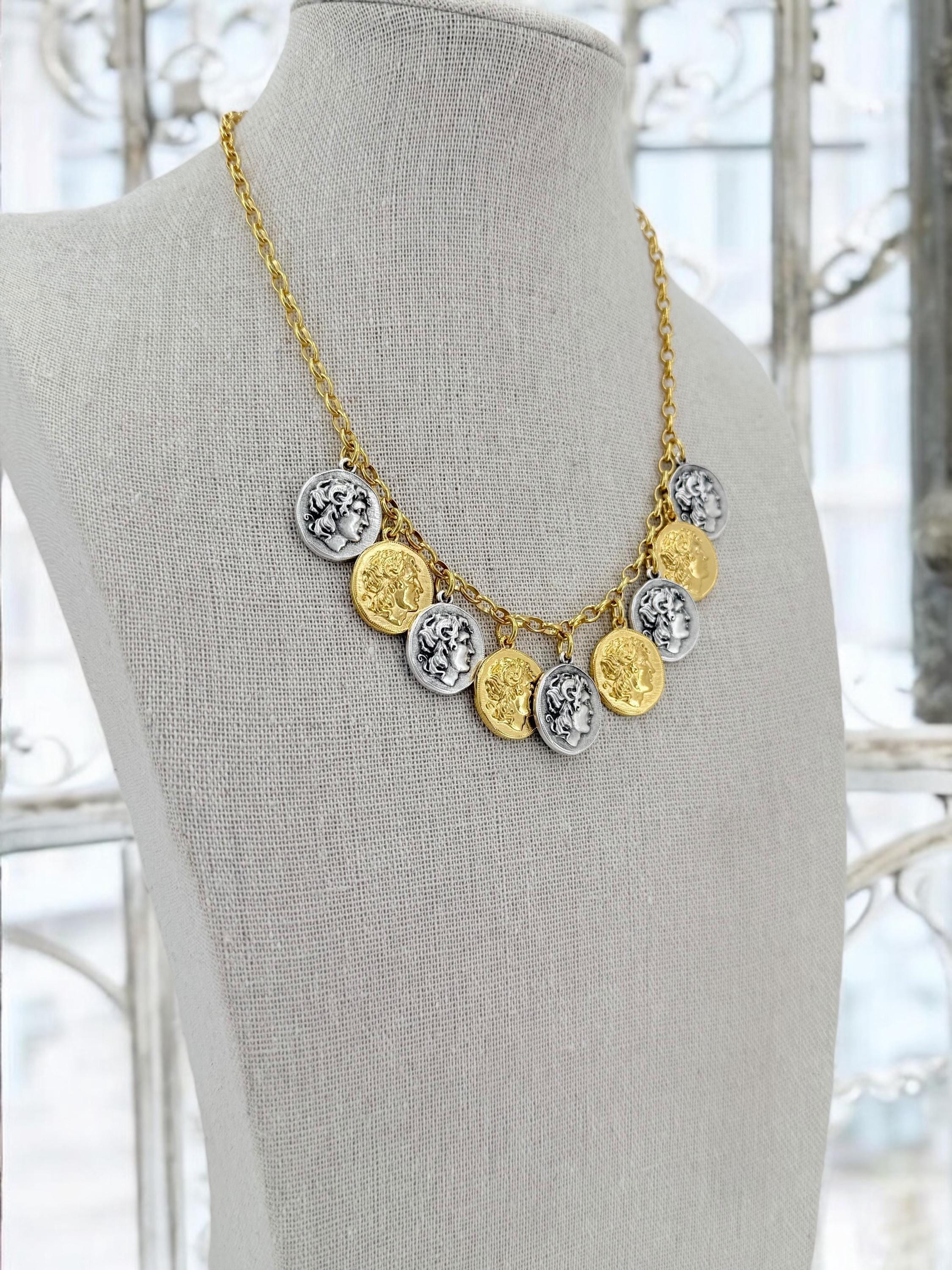 Greek Coin Charms Necklace – Alexander the Great – Gold & Silver Tones – Adjustable Handmade Statement Jewelry – Gift for History Lovers
